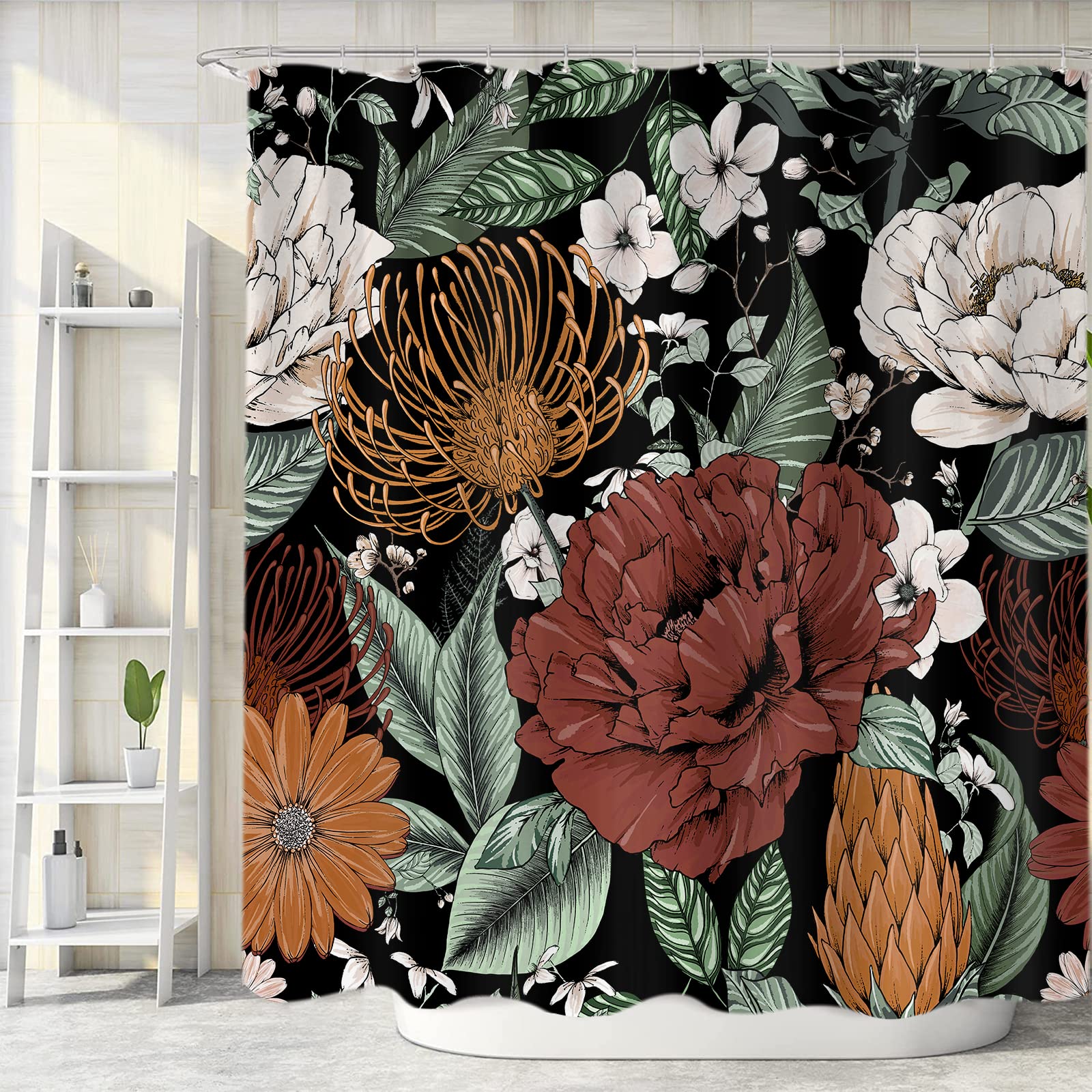 Sanzugh Boho Floral Shower Curtain, Pretty Vintage Bohemian Flower Botanical Leaves Fabric Shower Curtains Set For Bathroom Deco