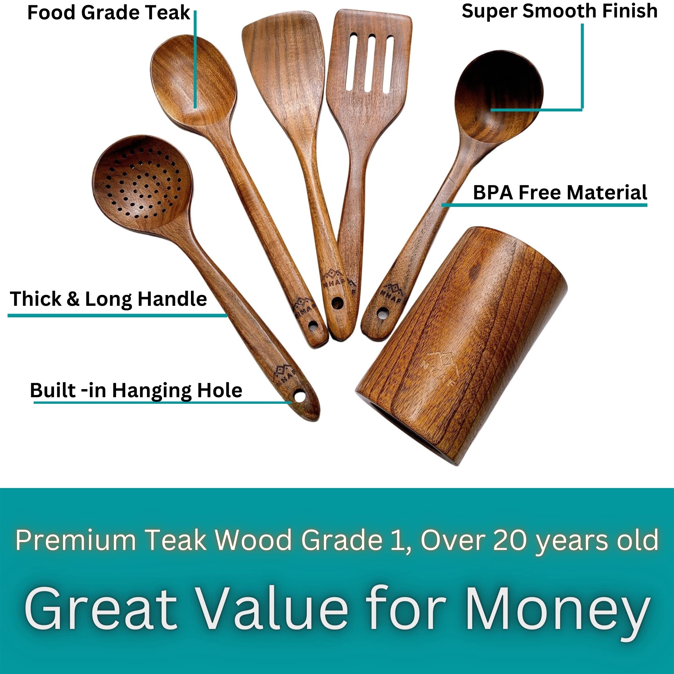 Nhaf Premium Teak Healthy Spoons, Durable Eco-Friendly Spatula, Wooden Utensils For Cooking Set With Holder & Canvas Bag, Wooden