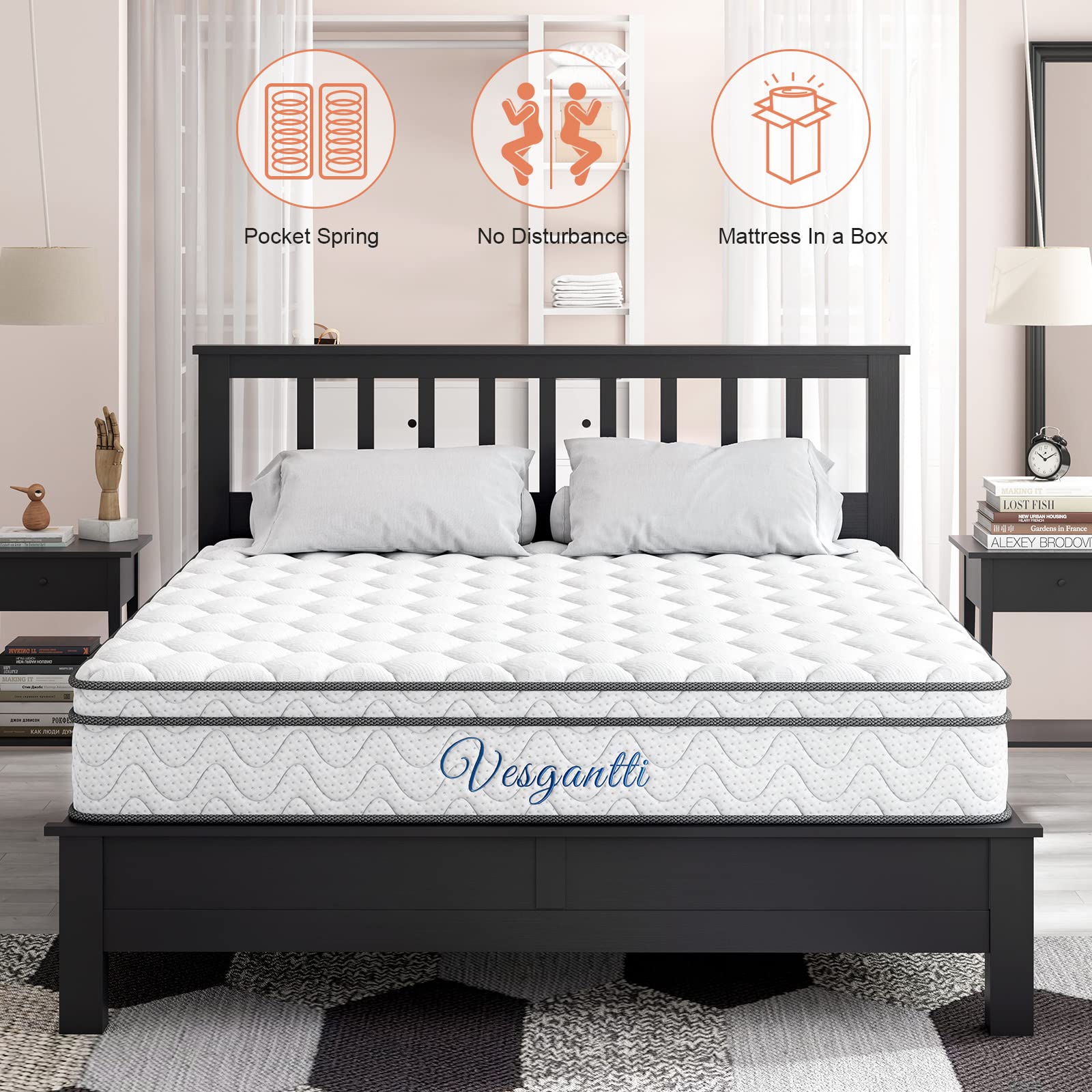 Vesgantti Full Size Mattress, 10 Inch Hybrid Full Mattress In A Box, Double Mattress With Memory Foam And Pocket Spring, Ergonom