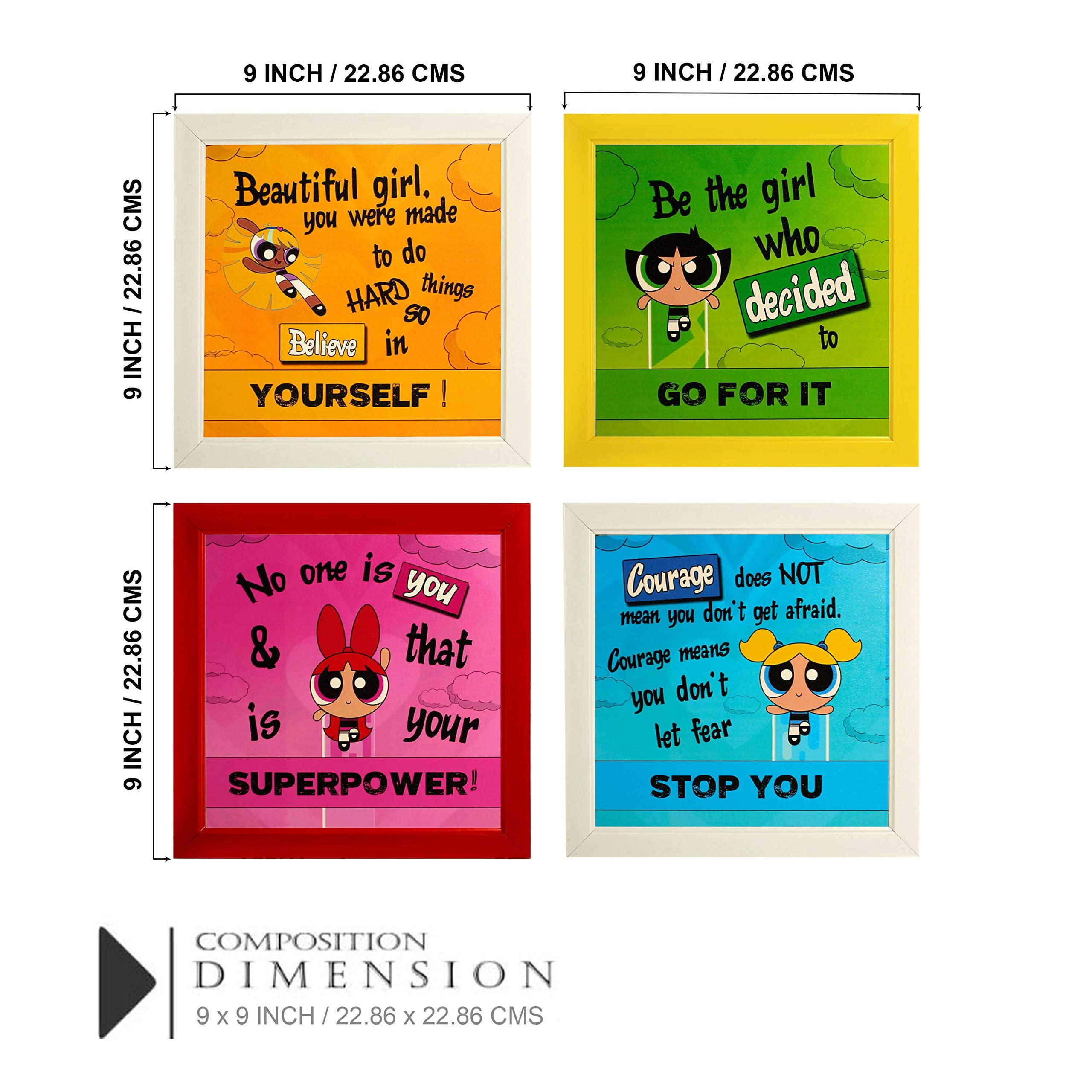 Indianara Set of 4 Girl Kids Motivational Quotes Paintings (2512) without glass 9.5 x 9.5 inch each