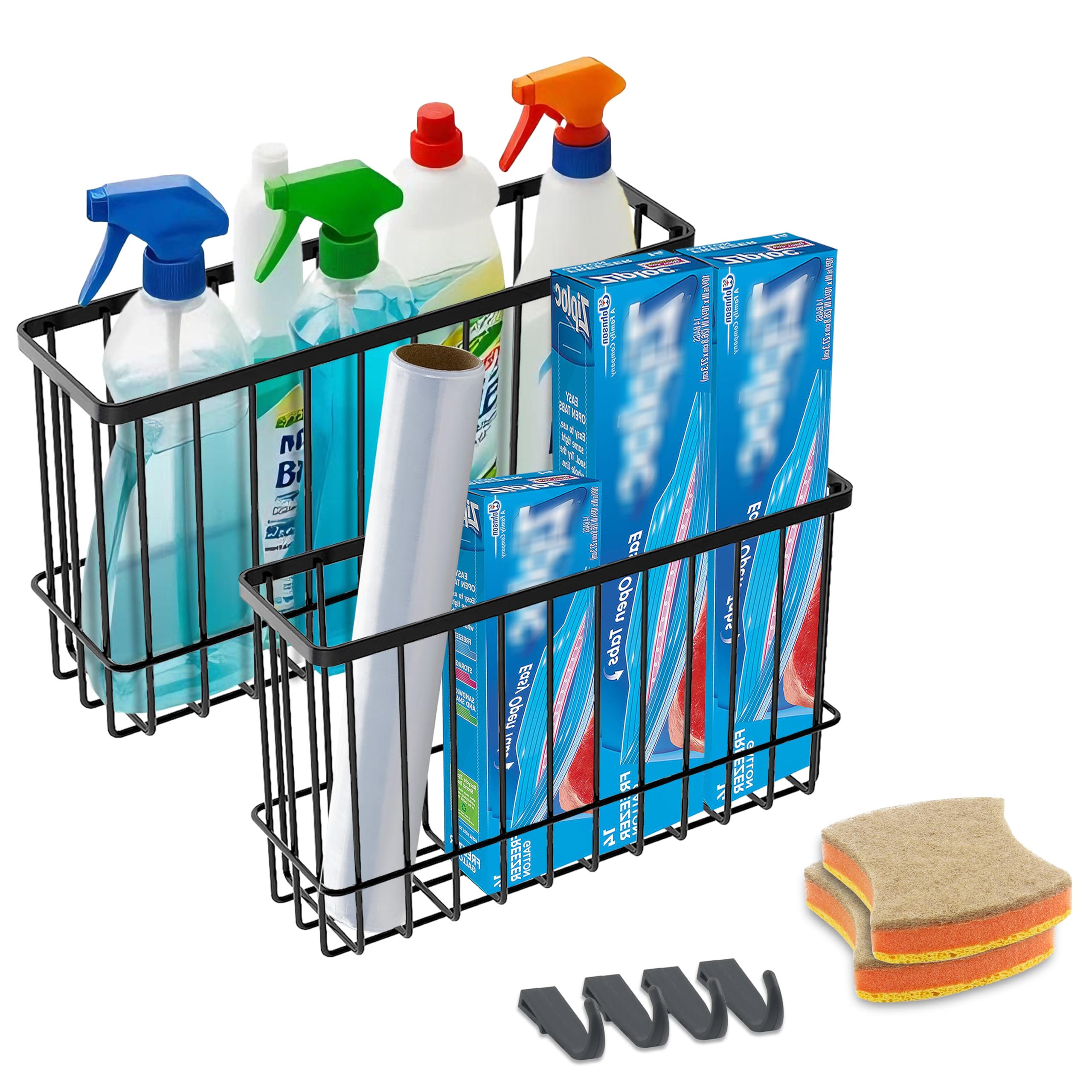 Cabinet Door Organizer Basket 2 Pack, Foil and Plastic Wrap Organizer with 2 Sponges, Lid Organizers Inside Cabinet, Metal Baske