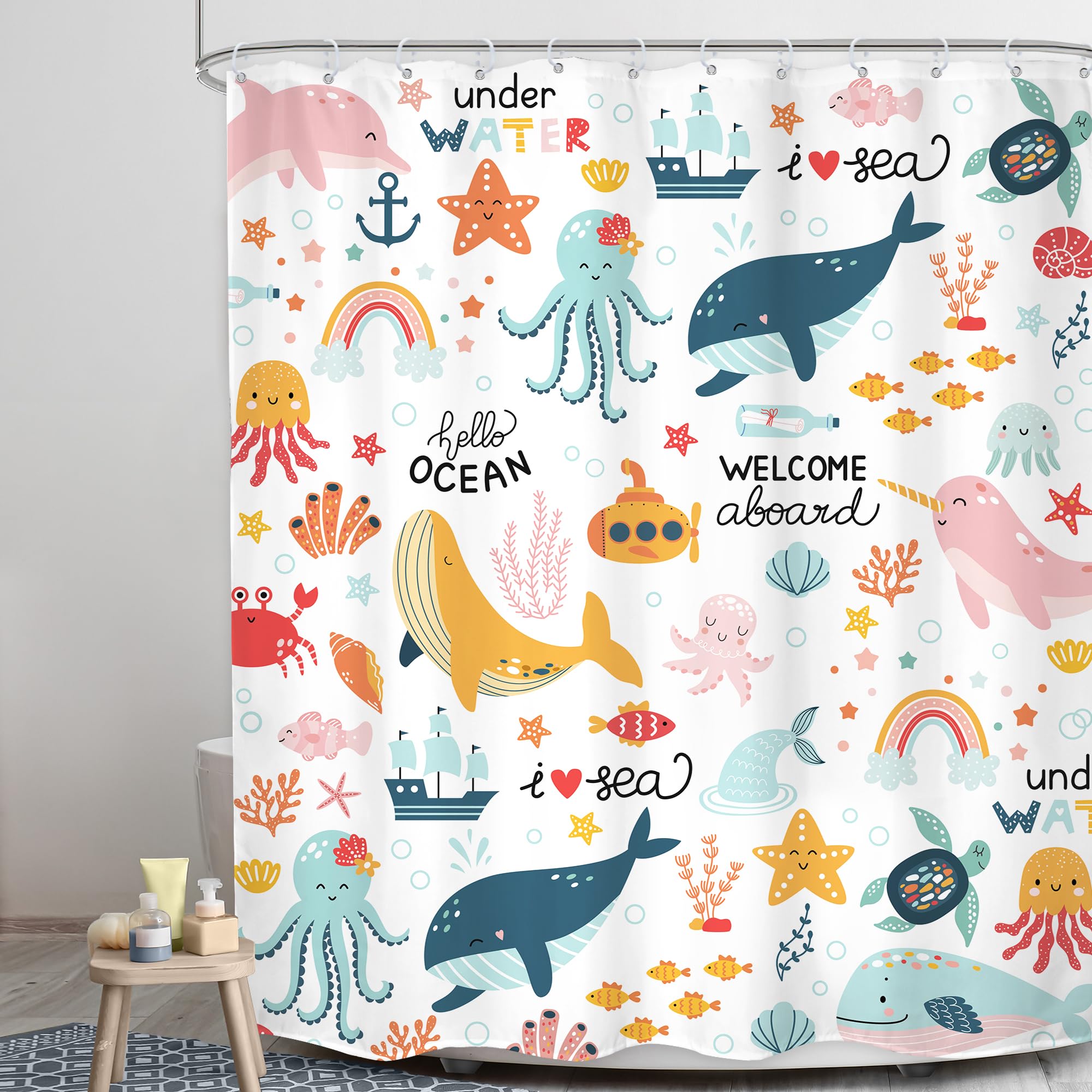Lghtyro Kids Whale Ocean Shower Curtain Bathroom Set 60Wx71H Inches Cartoon Underwater Sea Animals Cute Fish Funny Sealife Color
