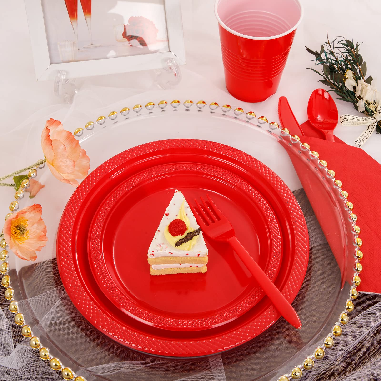Mirthmood 350Pcs Red Disposable Plastic Plates,Valentines Day Plates Includes 50 Dinner Plates, 50 Salad Plates, 50 Sets Of Red