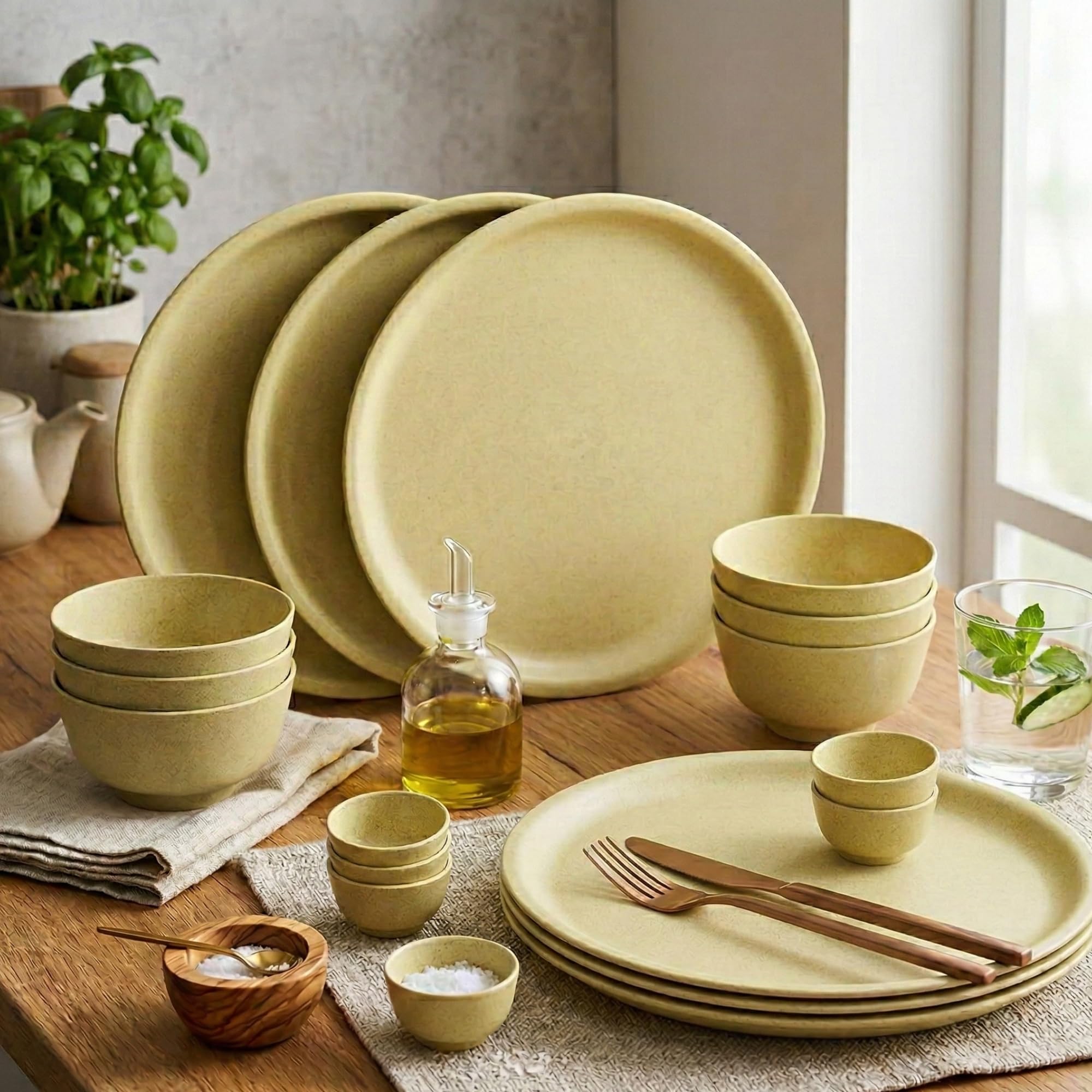 Happy Cove Solid Husk Eco Friendly 10 Inch Dinner Plates | Rice Husk And Bamboo Fibre | Set Of 6 With 6 Bowls (200Ml) And 6 Sauc