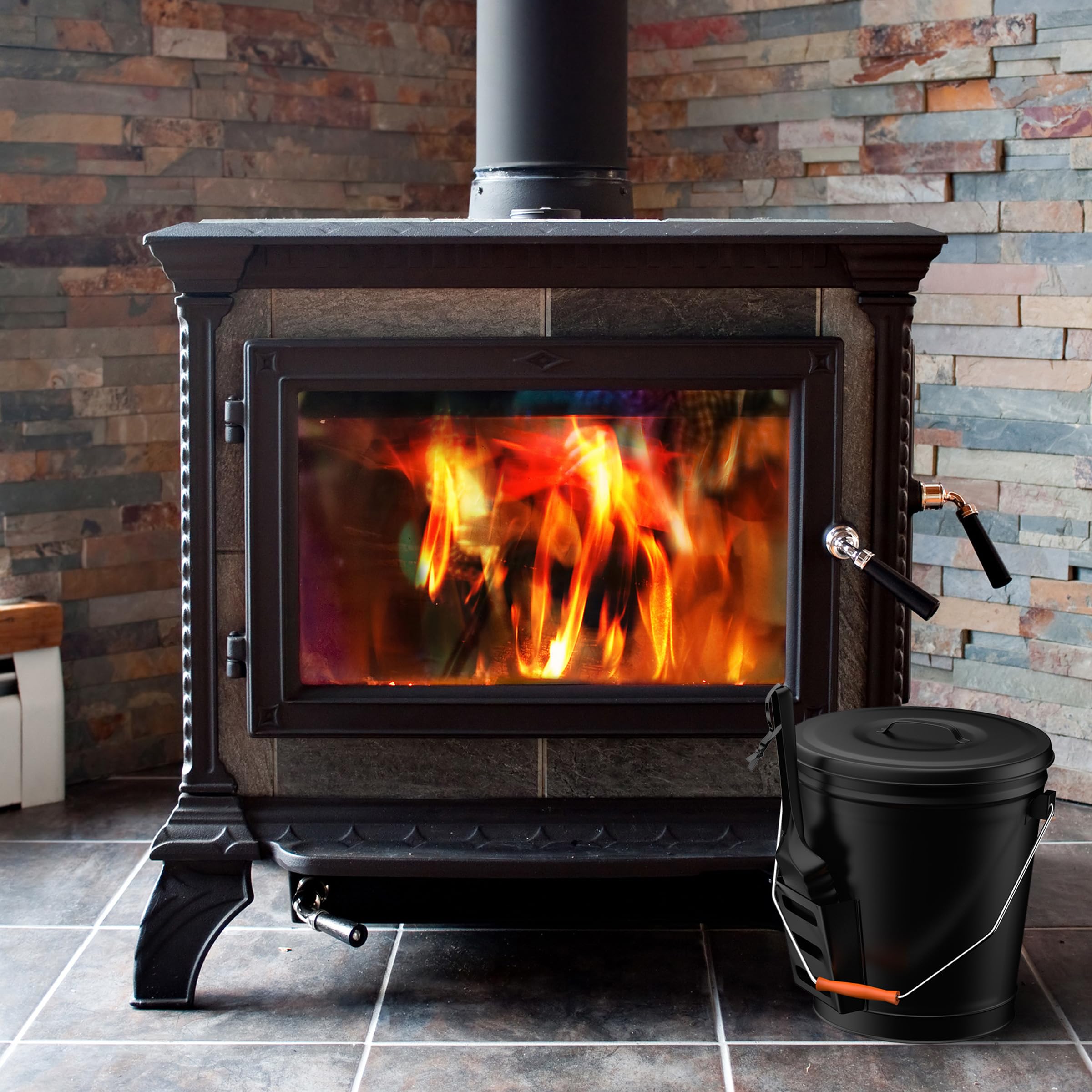 Home-Complete 4.75 Gallon Black Ash Bucket With Lid And Shovel-Essential Tools For Fireplaces, Fire Pits, Wood Burning Stoves-He