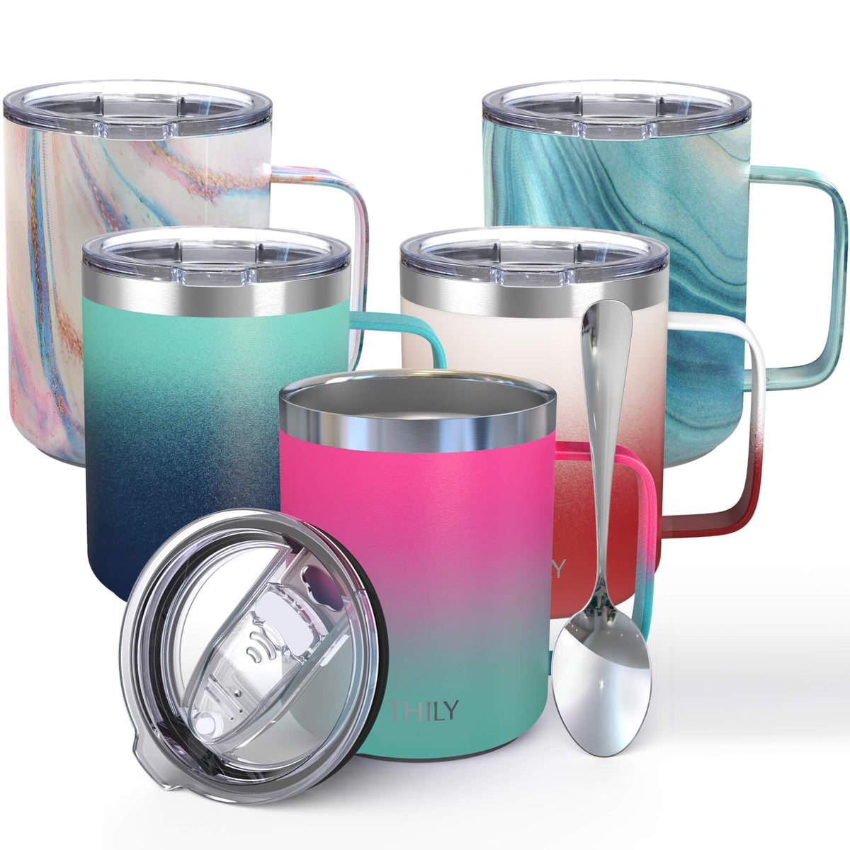 Thily Stainless Steel Insulated Travel Mug 12 Oz Vacuum Insulated Coffee Cup With Handle, Spill-Proof Lid, Keep Coffee Cold Or H