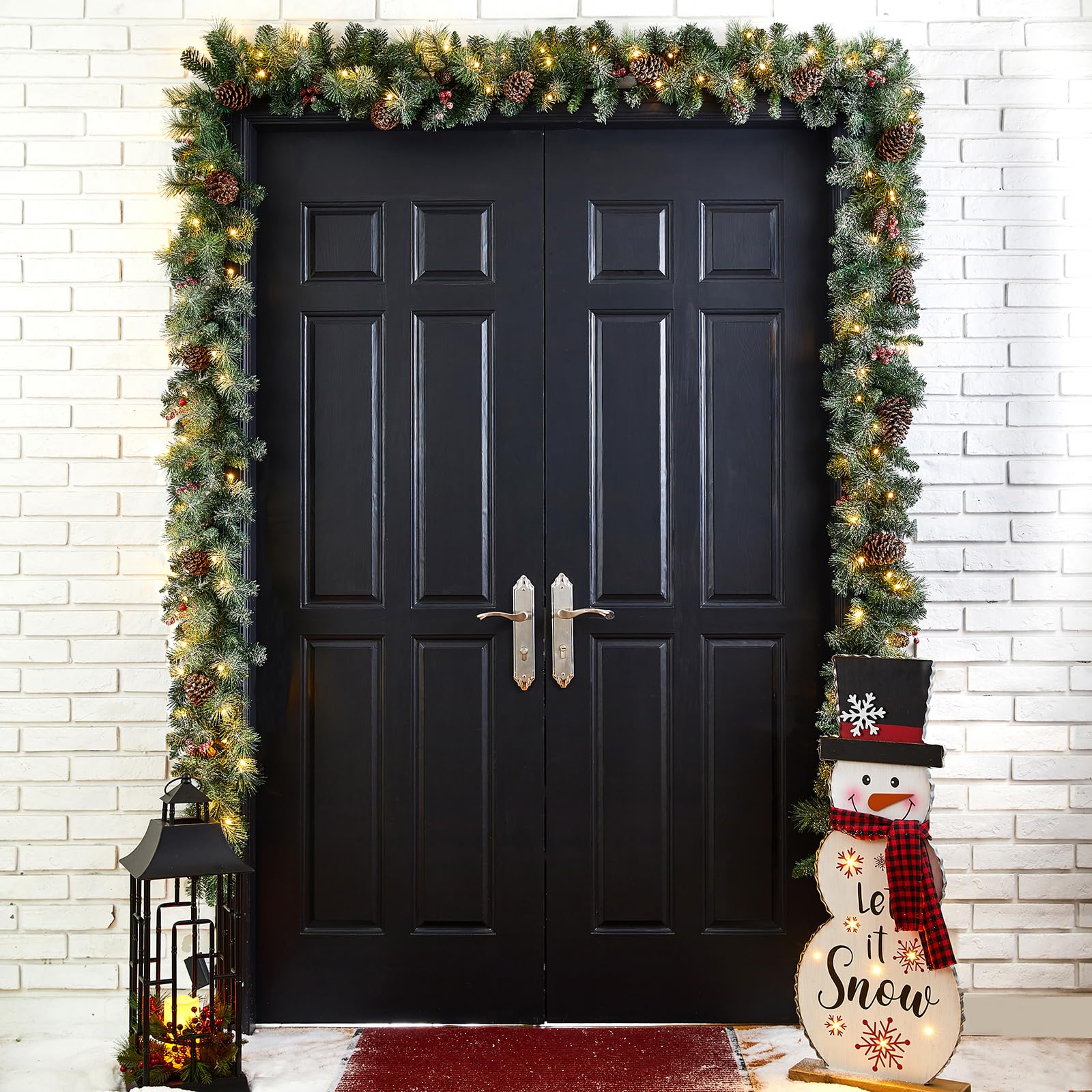 Glitzhome 2PK 9ft Prelit Christmas Garlands, Glittered Greenery Garlands Artificial Pine Garlands with Pine Cones Berries, Chris