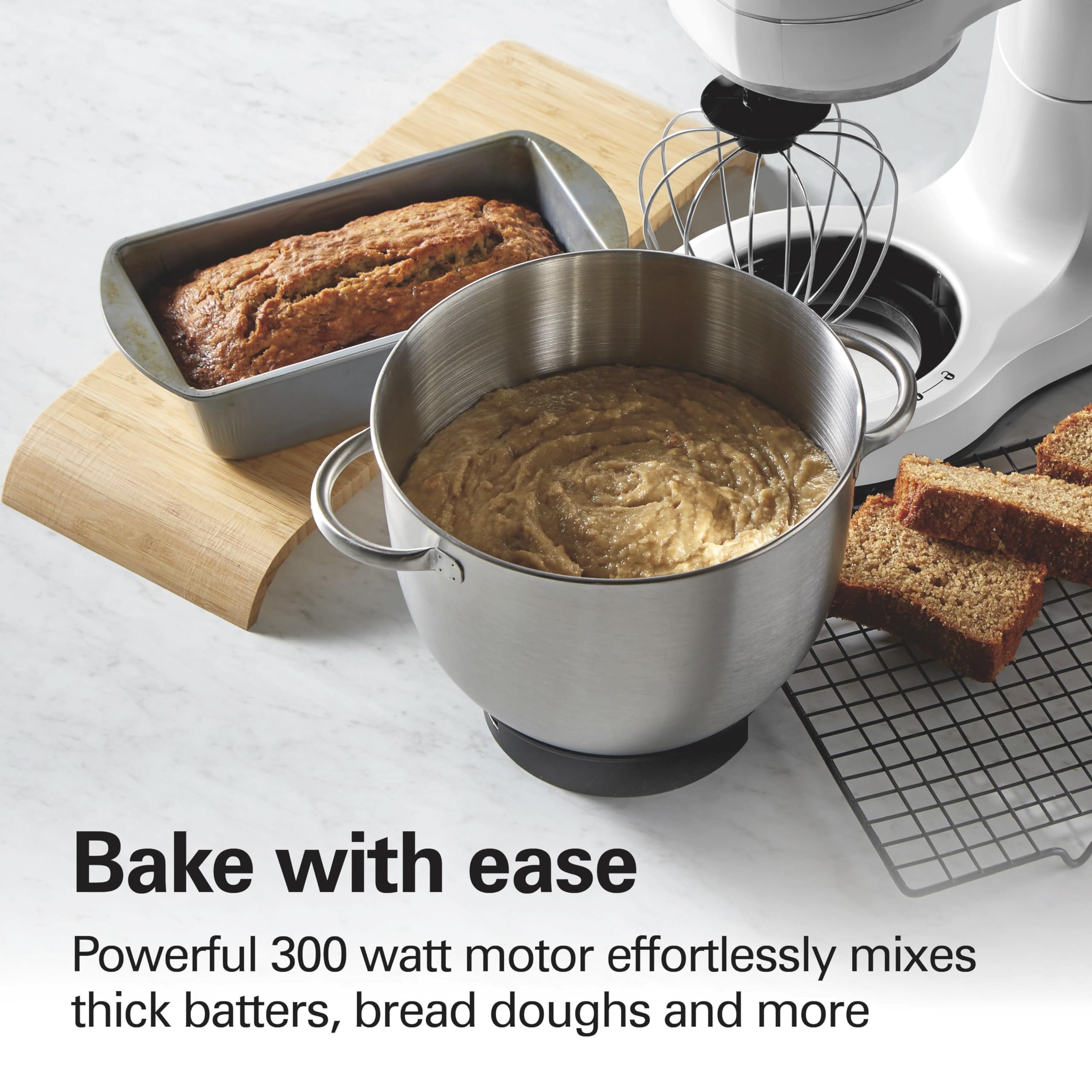 Hamilton Beach Electric Stand Mixer, 4 Quarts, Dough Hook, Flat Beater Attachments, Splash Guard, 7 Speeds With Whisk, White