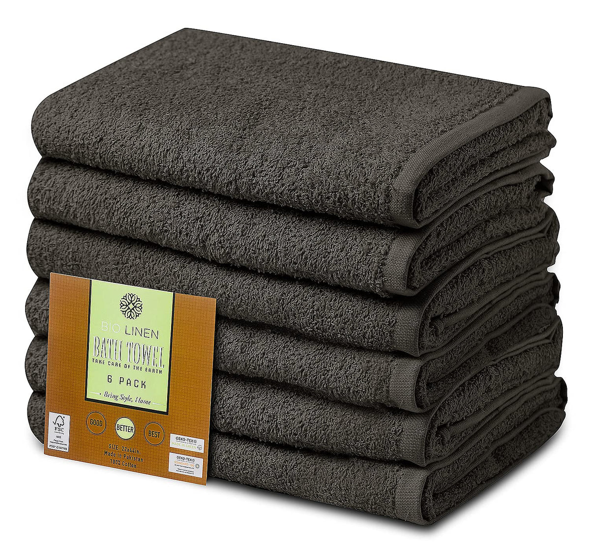 Biolinen Grey Bath Towels - Pack Of 6 | Ultra Soft, Highly Absorbent | 100% Cotton Towels For Bathroom, Gym, Spa, And Hotel Use