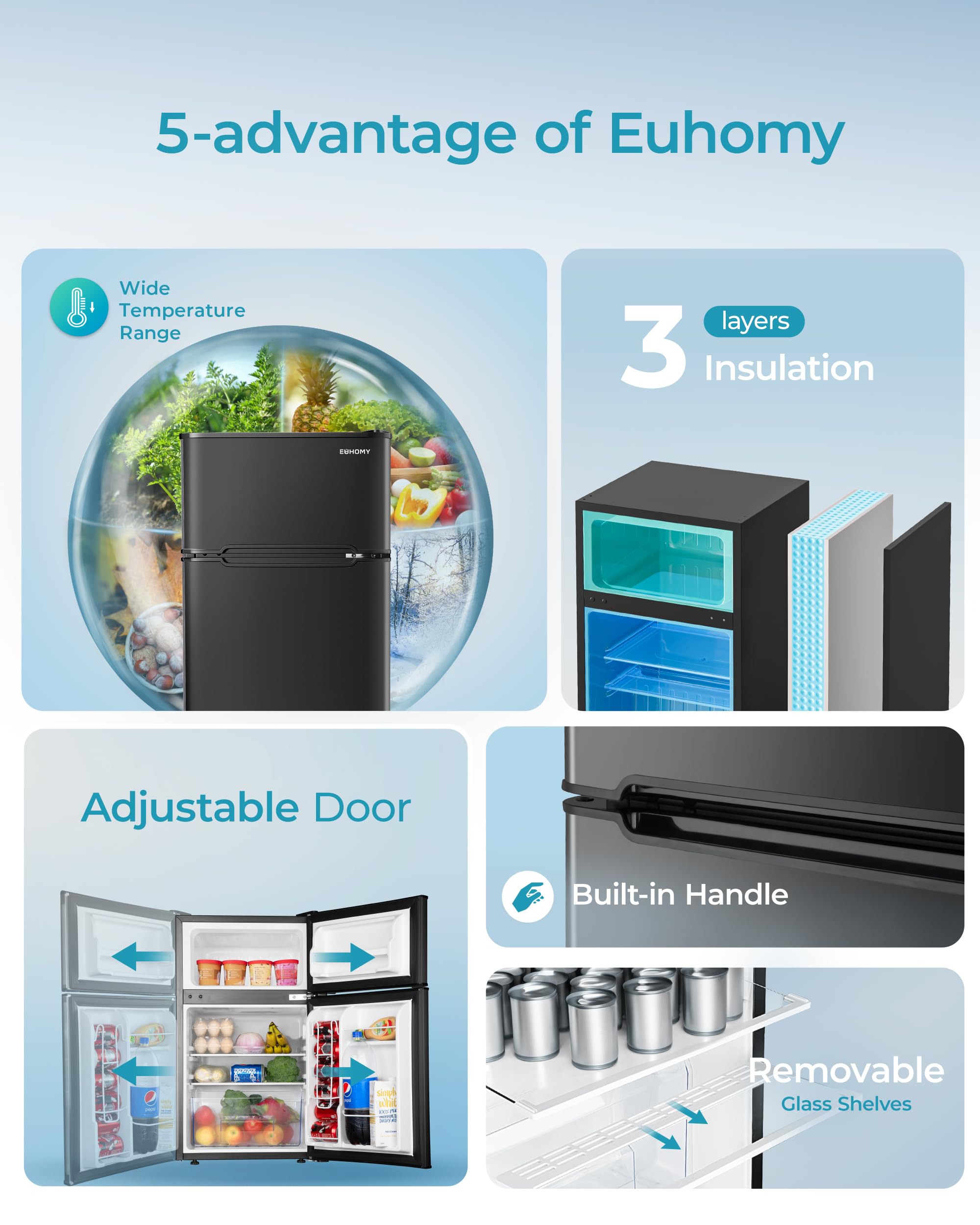 Euhomy Mini Fridge With Freezer, 3.2 Cu.Ft Mini Refrigerator, Dorm Fridge With 2 Door For Bedroom/Apartment/Office-Food Storage