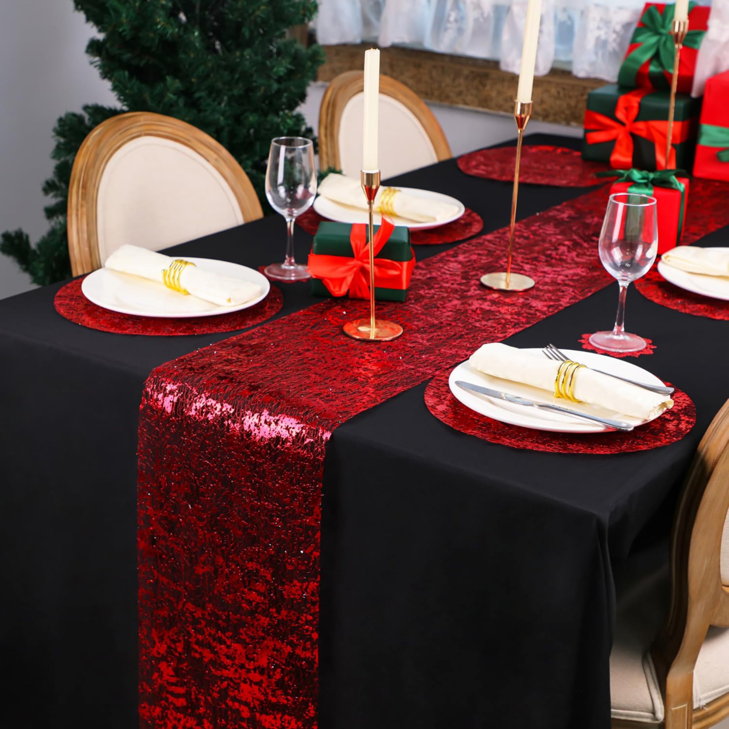 Snowkingdom Glitter Red Table Runner 11 Inch X 49 Feet Sparkle Mesh Long Table Runner Roll Table Decorations For Wedding Party,
