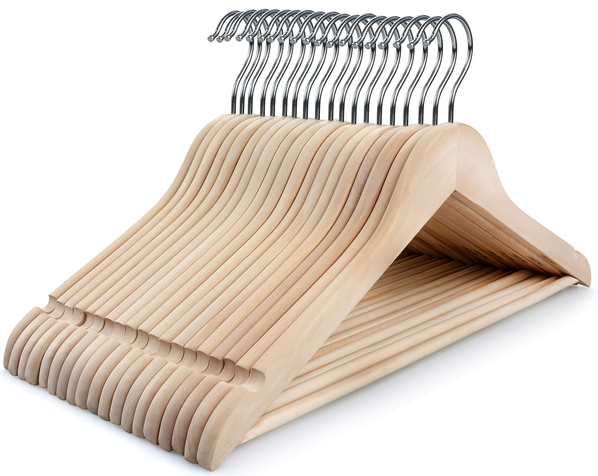 Topia Hanger Natural Unfinished Wooden Hangers With 360Strong Swivel Hook And Smoothly Cut Shoulder Notches, 18-Pack Solid Wood