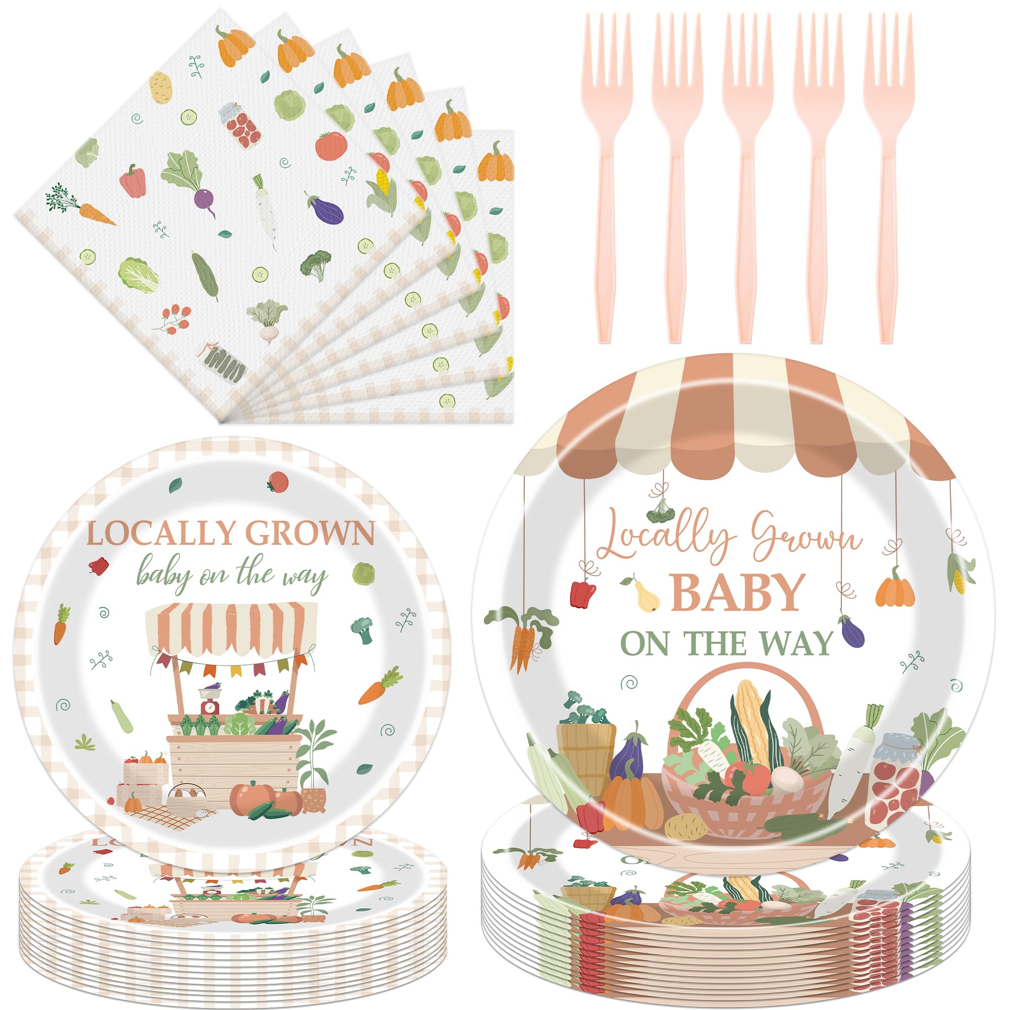Hokinaa Locally Grown Baby Shower Decorations - 96 Pcs Farmers Market Welcome Baby Tableware, Vegetable Theme Disposable Paper P