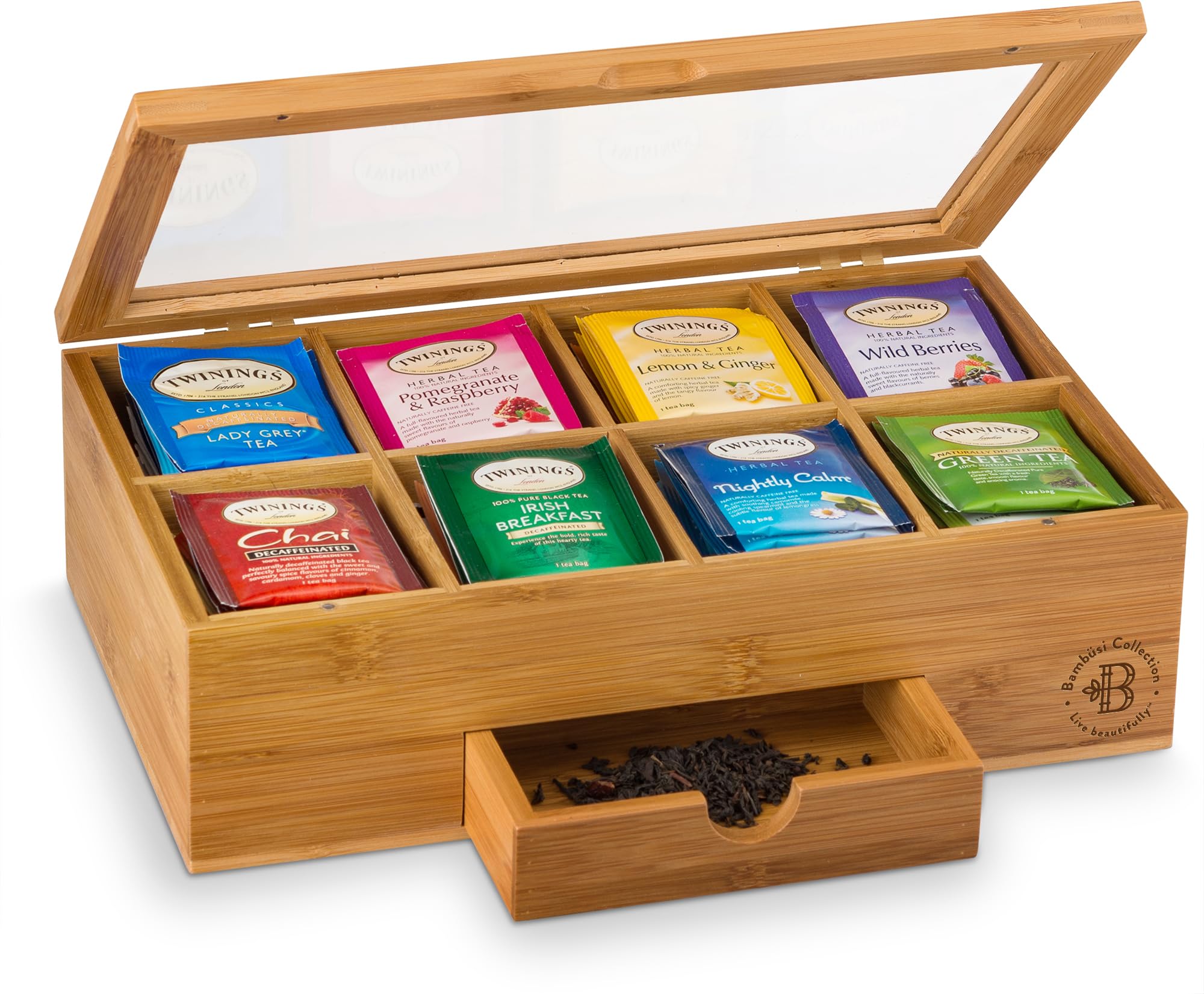 Bambüsi Bamboo Tea Bag Organizer Storage Box with Drawer - 3.9x12.9x7.9 inches - Magnetic Lid - Ideal Gift for Mom