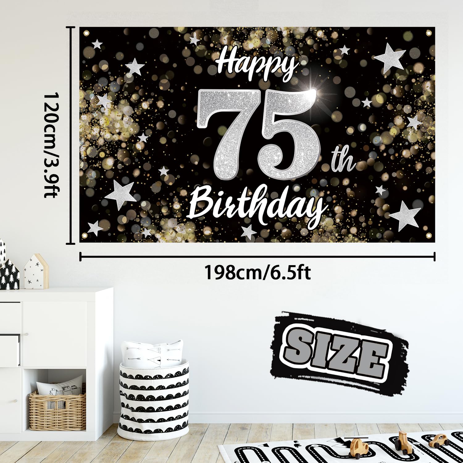Nelbiirth Happy 75Th Birthday Decorations,75Th Black & Silver Dream Star Large Birthday Banner Backdrop Sign - Cheers To 75 Year