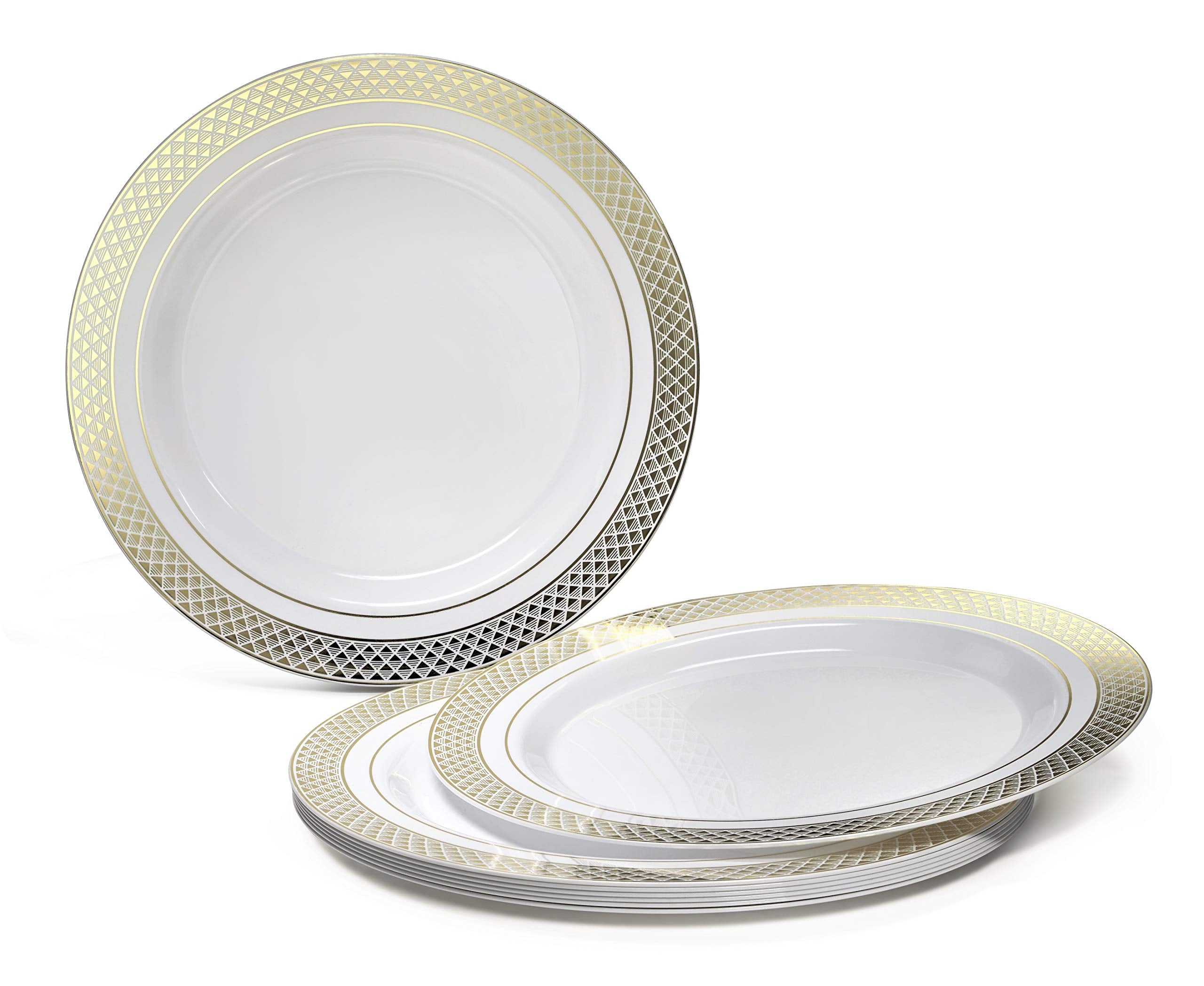 ' OCCASIONS '' 50 Plates Pack  Heavyweight Premium Disposable Plastic Plates Set (25 x 10.5'' Dinner + 25 x 6.25'' Cake plates) (Celebration White & Gold)