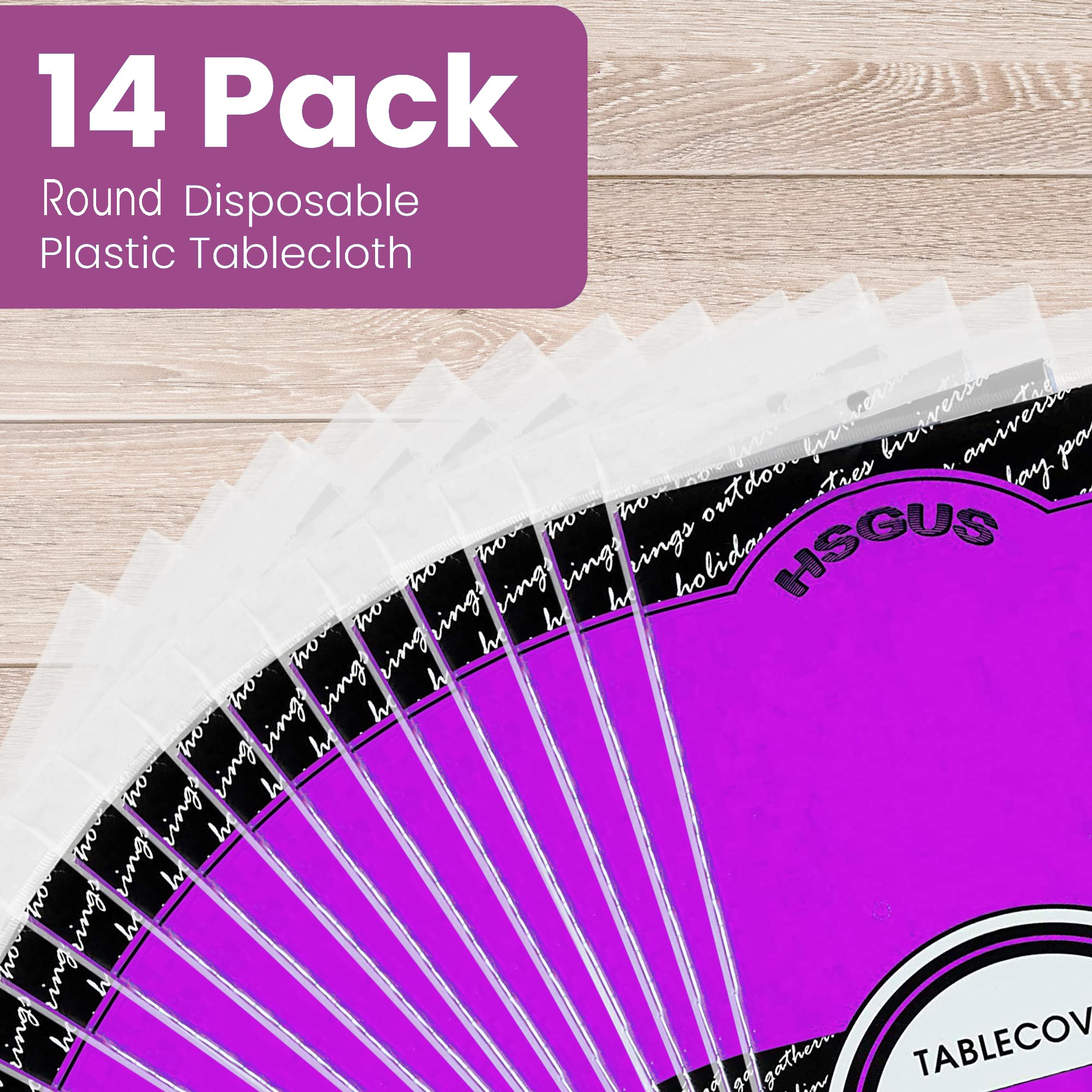 Hsgus 14 Pack Premium Round Purple Plastic Tablecloth - 84 X 84 In, Disposable, Wrinkle-Resistant, For Parties, Weddings