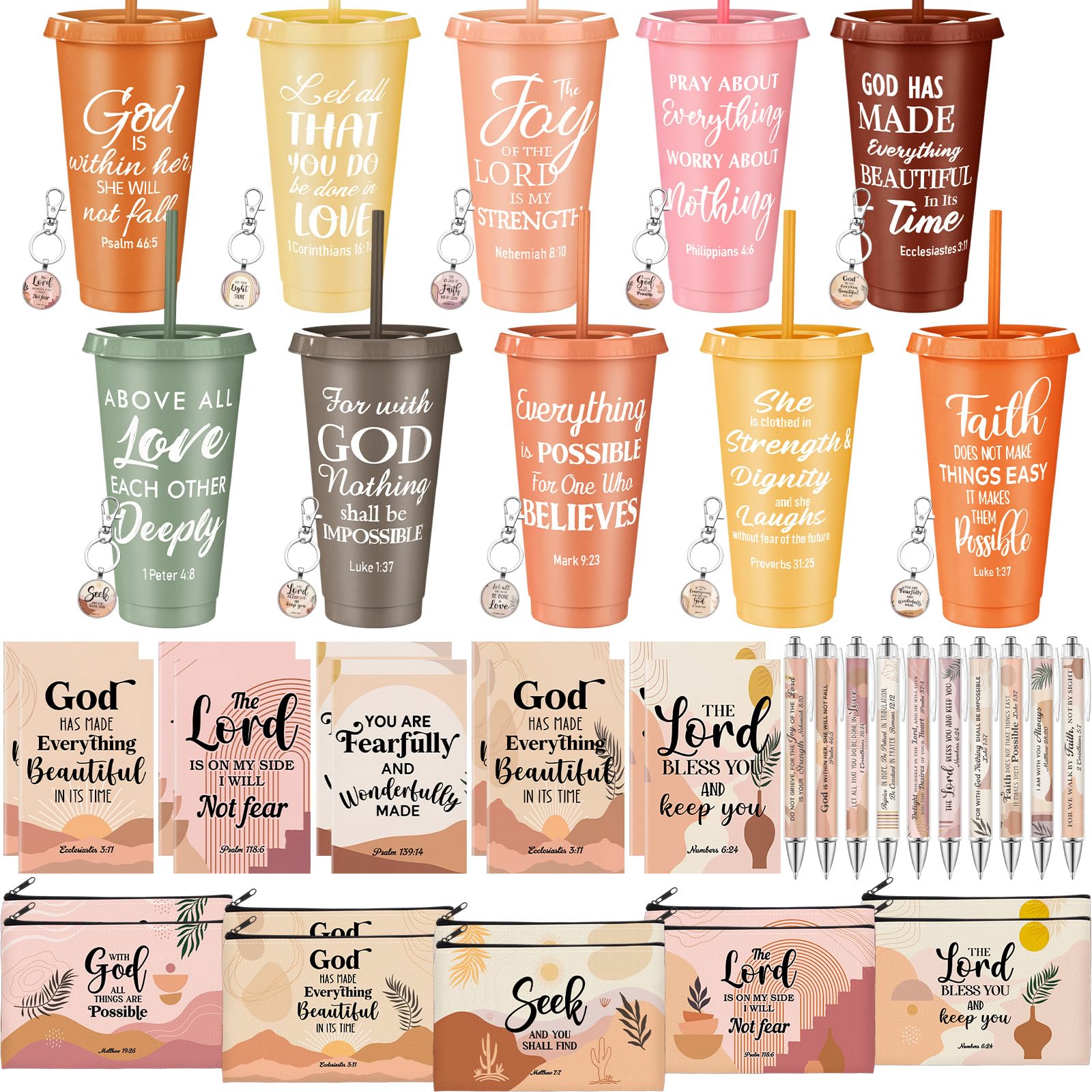 Funnymoom 50 Pcs Christian Gifts for Women Church Bulk 24oz Scripture Tumblers with Lids, Religious Makeup Bags, Mini Notebooks,