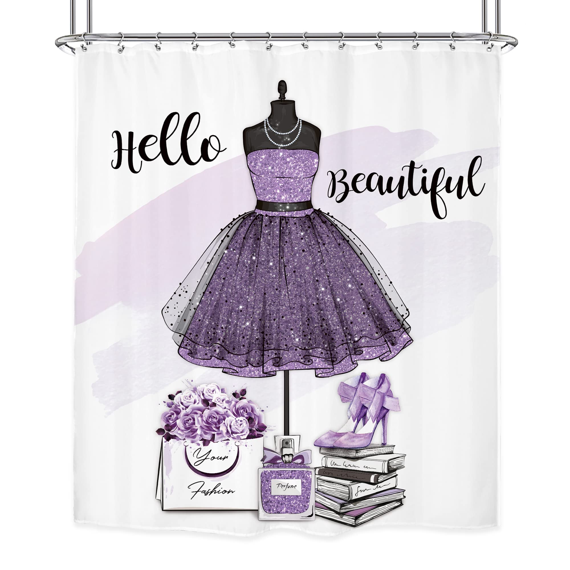 Riyidecor Fashion Women Dresses Shower Curtain 60Wx72H Inch Girly Purple Modern for Girls High Heel Perfume Bottle Floral Handbag Books Beautiful Bathroom Decor Fabric Waterproof 12 Pack Hooks