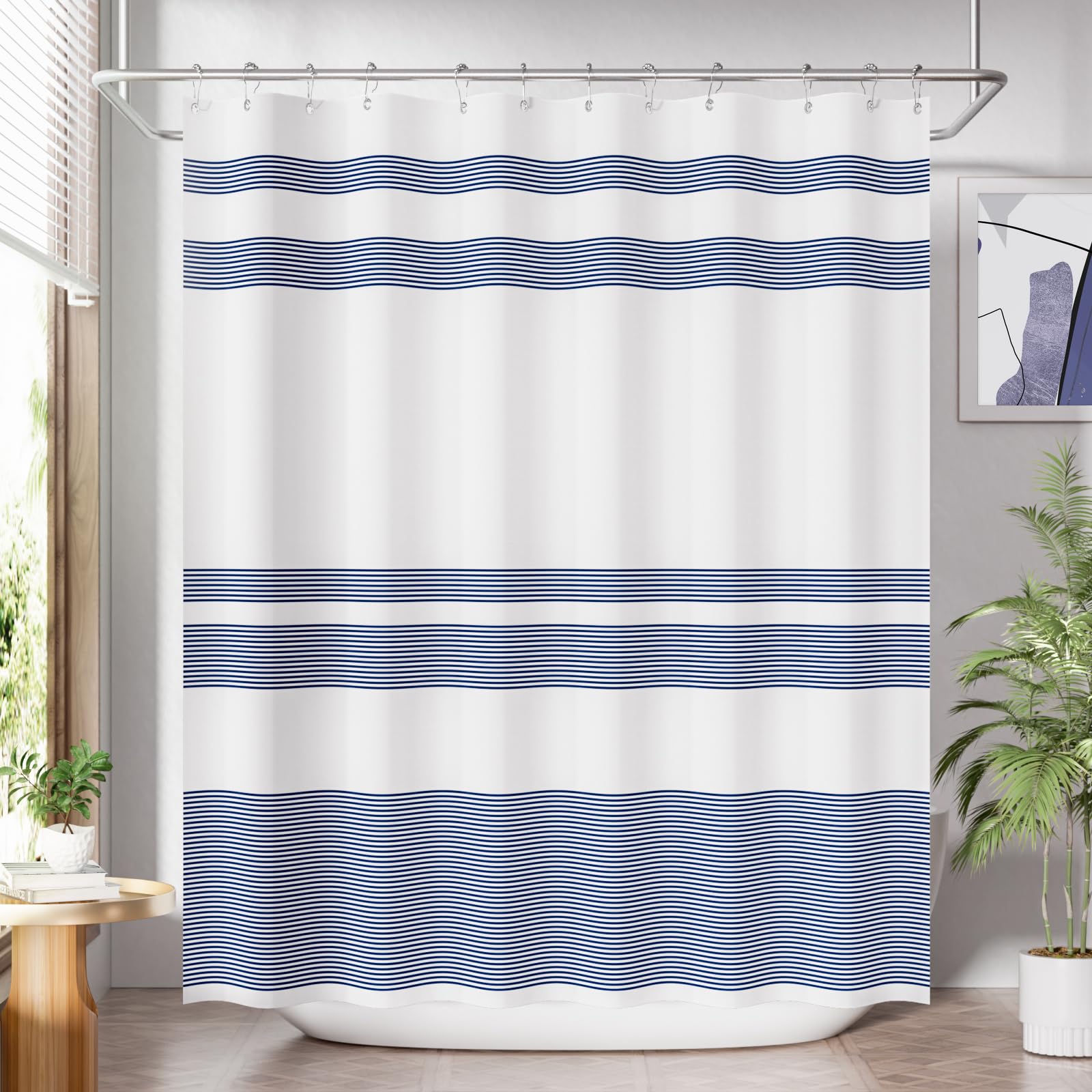 AmazerBath Shower Curtain Sets  Striped Blue Cloth Shower Curtain with 12 Shower Curtain Hooks  Rustic Fabric Blue and White Shower Curtain  Washable Farmhouse Bathroom Shower Curtain  72x72 Inches
