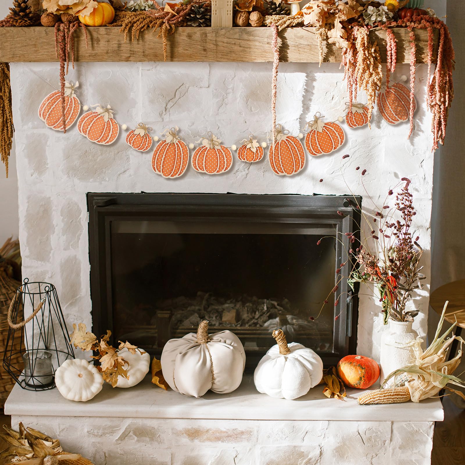 Cinnvoice 8.2 ft Fall Decorations Wooden Polka Dot Pumpkin Garland Thanksgiving Fall Banner Rustic Farmhouse Wood Bead Garland H