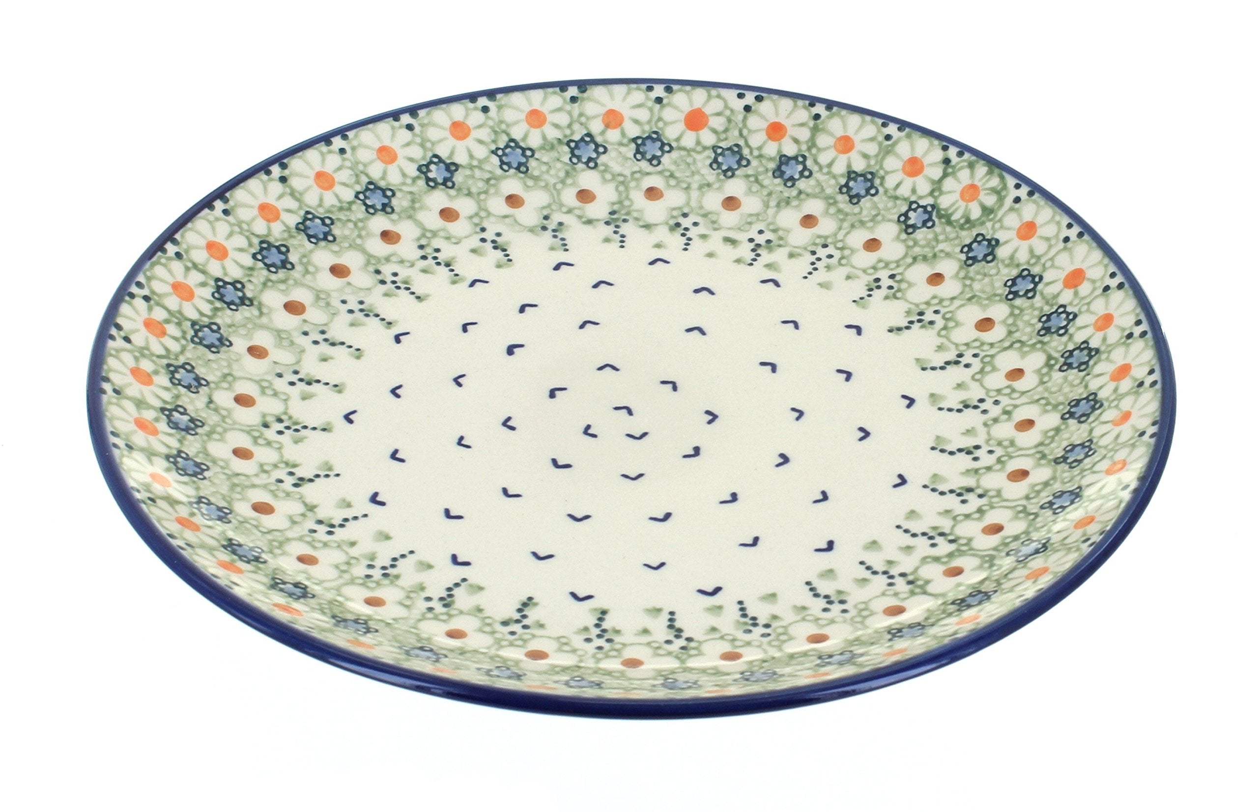 Blue Rose Polish Pottery Green Daisy Dinner Plate