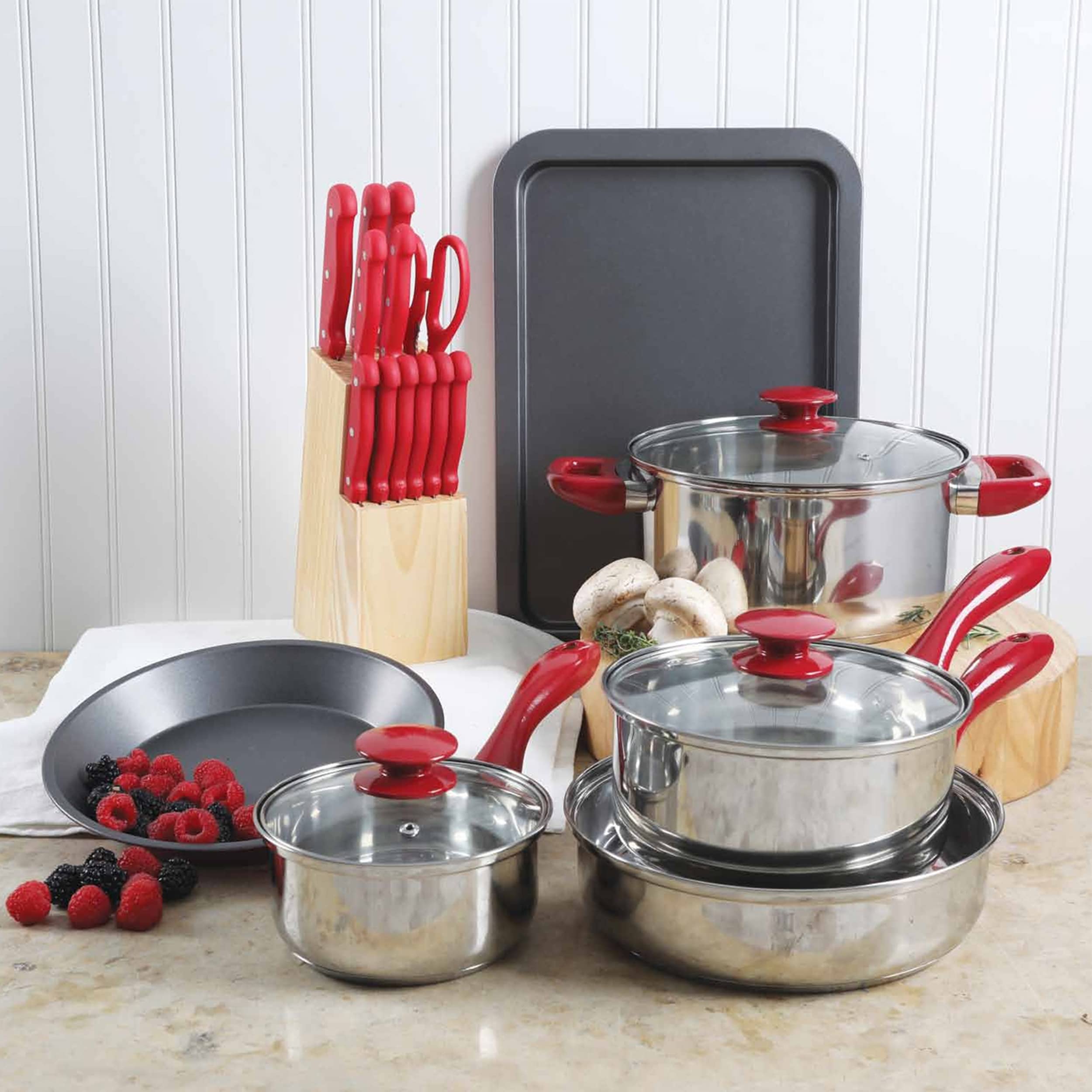 Megachef 22 Piece Cookware Combo Set, Red and Silver (MC-CS2200)