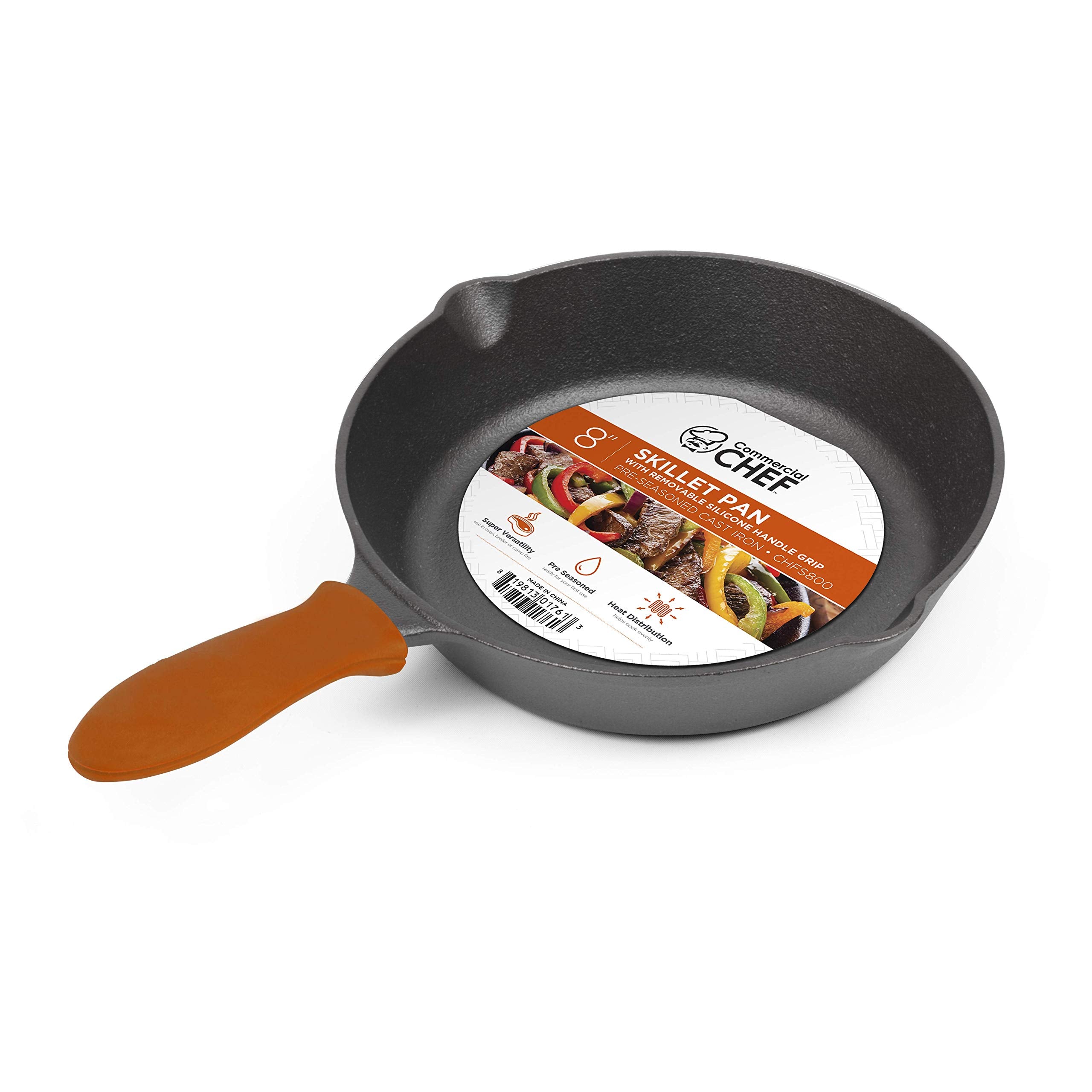 Commercial Chef Pre-Seasoned Cast Iron Skillet With Removable Silicone Handle, 8-Inch Cast Iron Panst Iron Pan