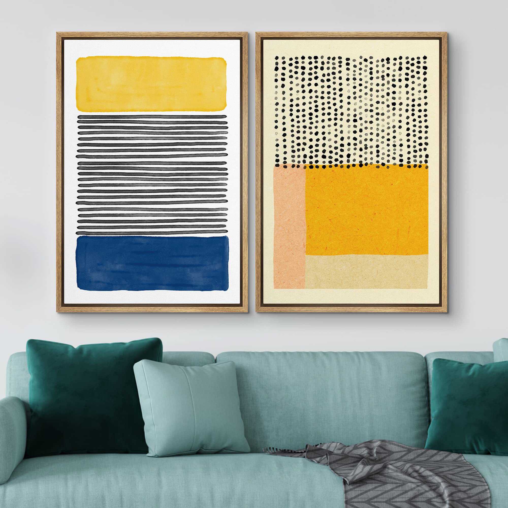 Idea4Wall Framed Canvas Print Wall Art Yellow, Blue & Orange Color Block Variety Geometric Abstract Art Minimalism Mid-Century M