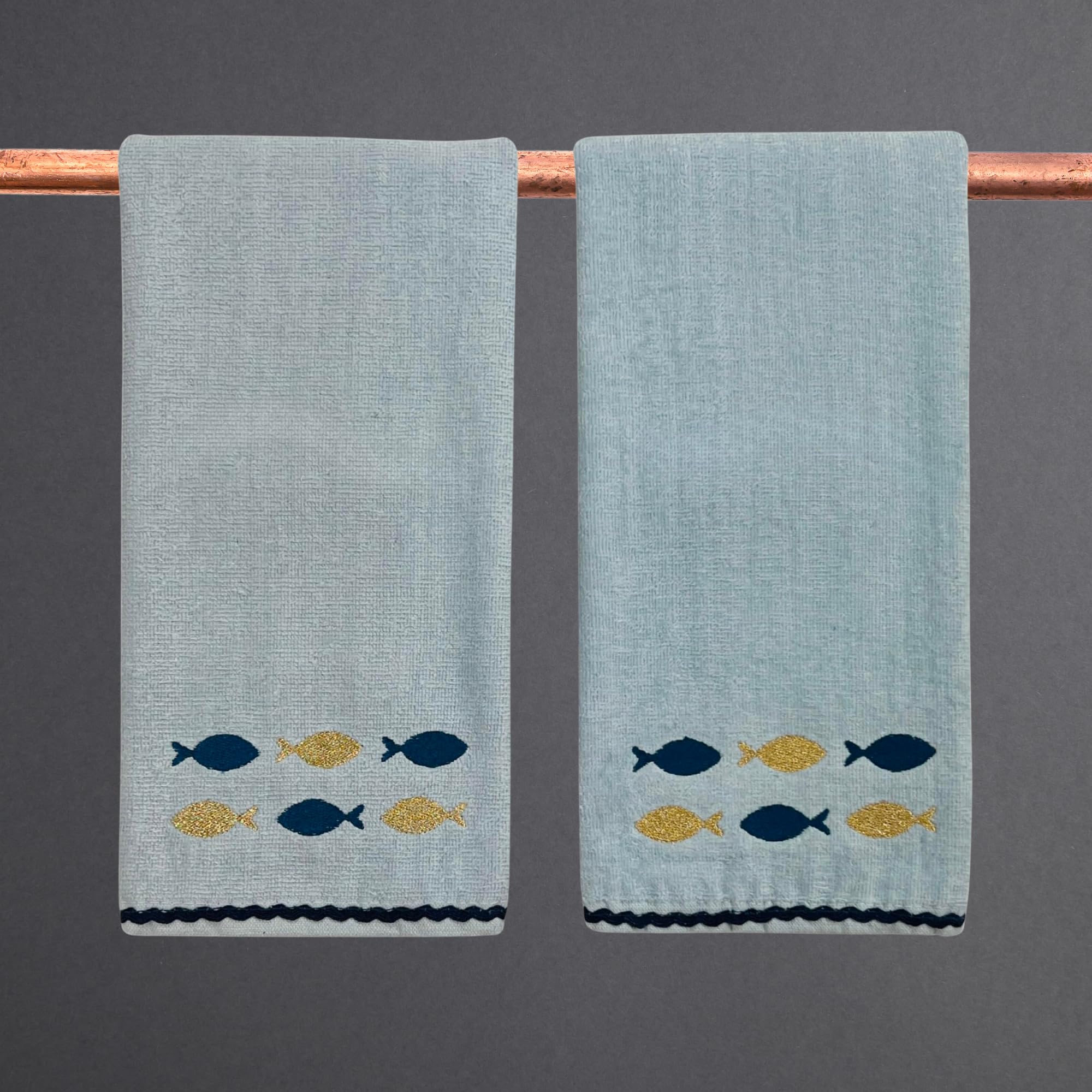 Serafina Home Nautical Hand Towels Set, Light Blue, Fish Embroidery, 16 X 25 Inches, 2 Piece