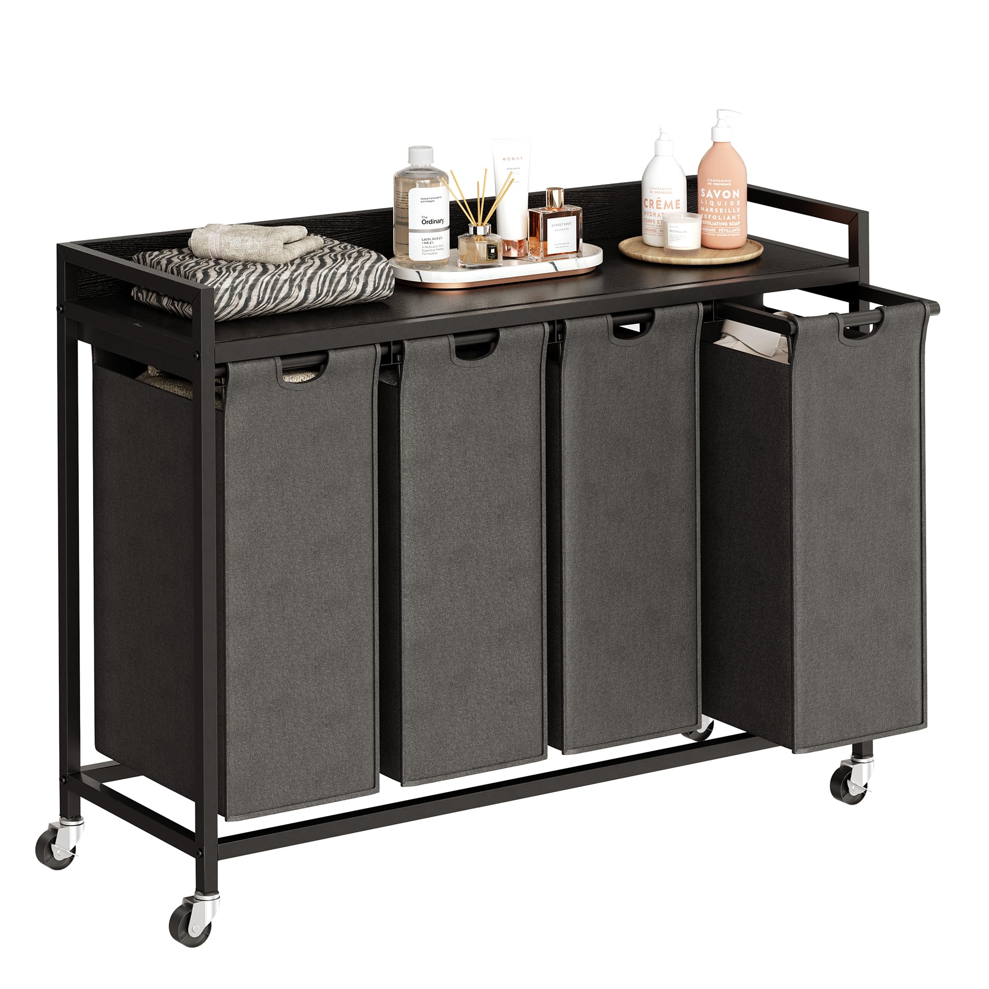 Herture Laundry Hamper With Shelf, Laundry Basket 4 Section, Laundry Sorter With Pull-Out Removable Large Bags And Movable Wheel