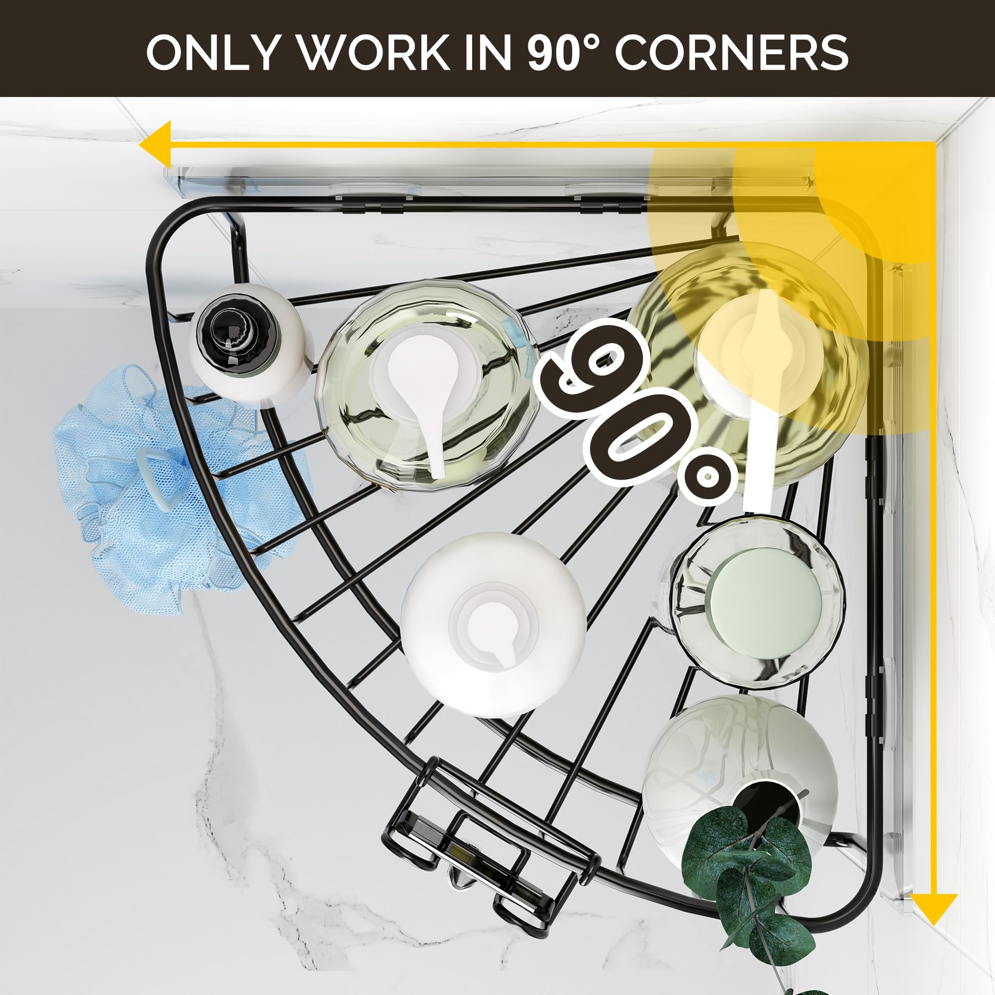 Orimade Corner Shower Caddy With 2 Hooks Wall Mounted Metal Bathroom Shelf Storage Organizer Adhesive No Drilling 2 Pack, Black