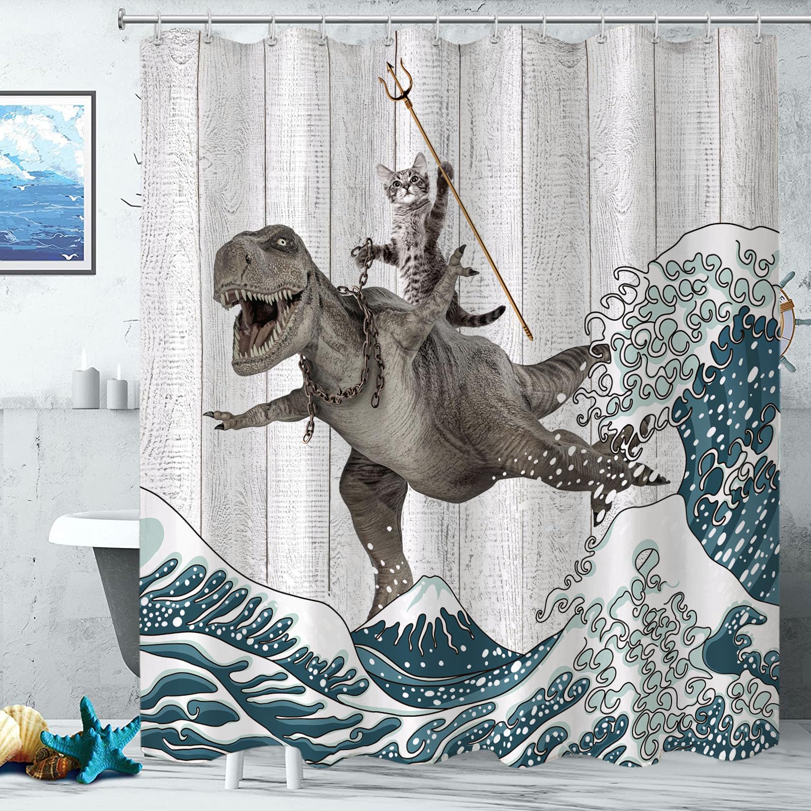Fungarth Funny Cat Shower Curtain Dinosaur Ocean Sea Wave Shower Curtains For Bathroom Cool Waterproof Fabric Rustic Wooden Farm