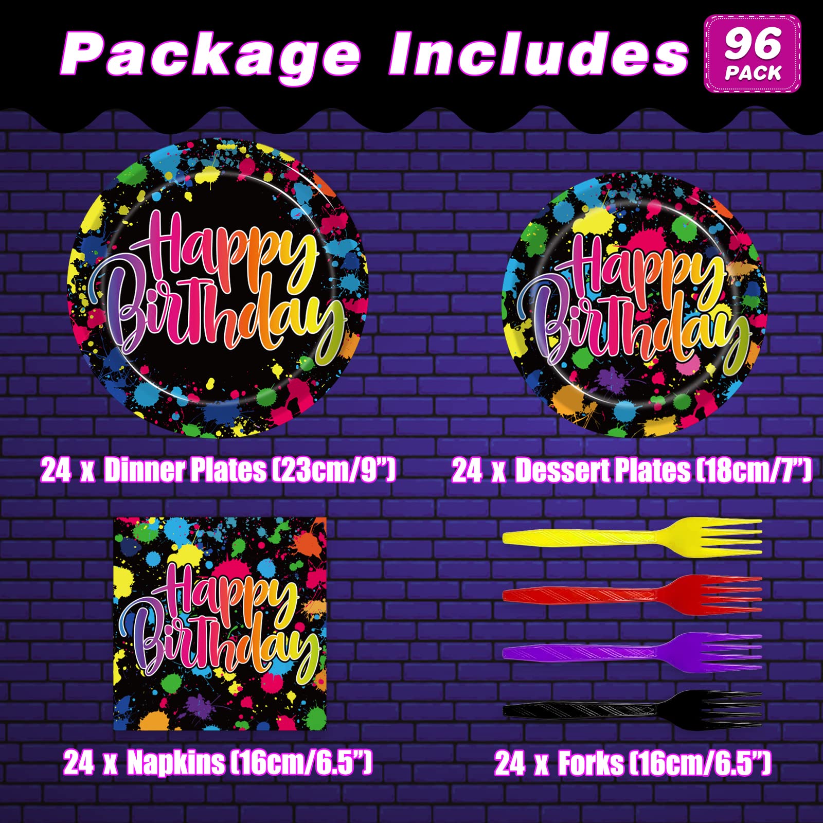 Kepeel 96 Pcs Neon Party Plates  Glow Birthday Party Supplies Disposable Paper Plates Dessert Napkins Glow in the Dark Favors Decorations Graffiti Tableware For Kids  Serves 24
