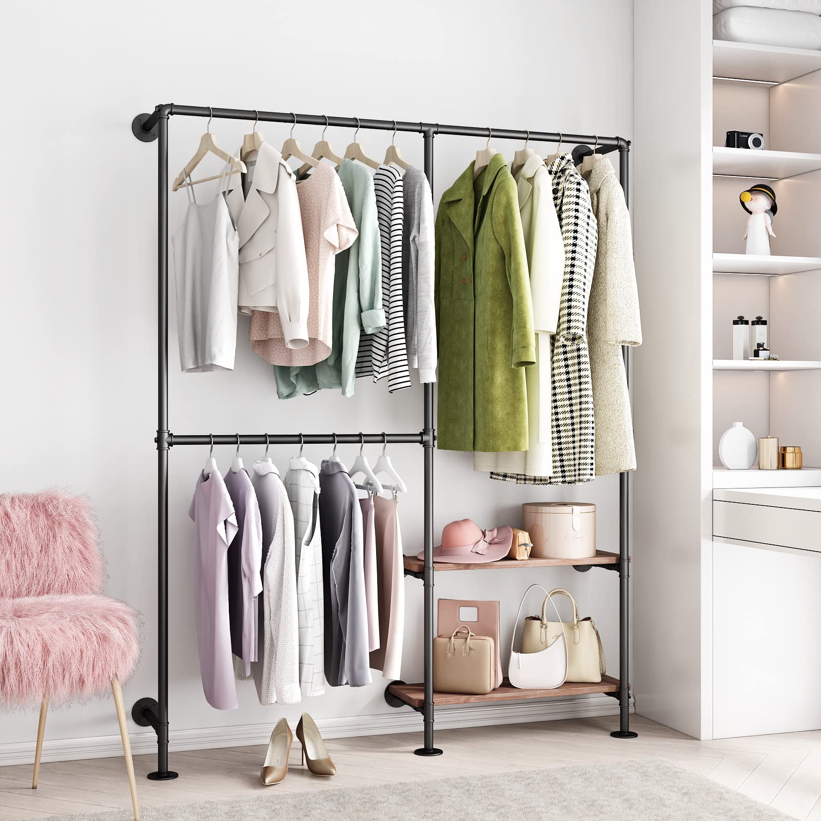 Ironjiazu Industrial Pipe Clothes Racks With Black Shelves, Industrial Pipe Black Clothing Rack With Double Hanging Rods, Heavy