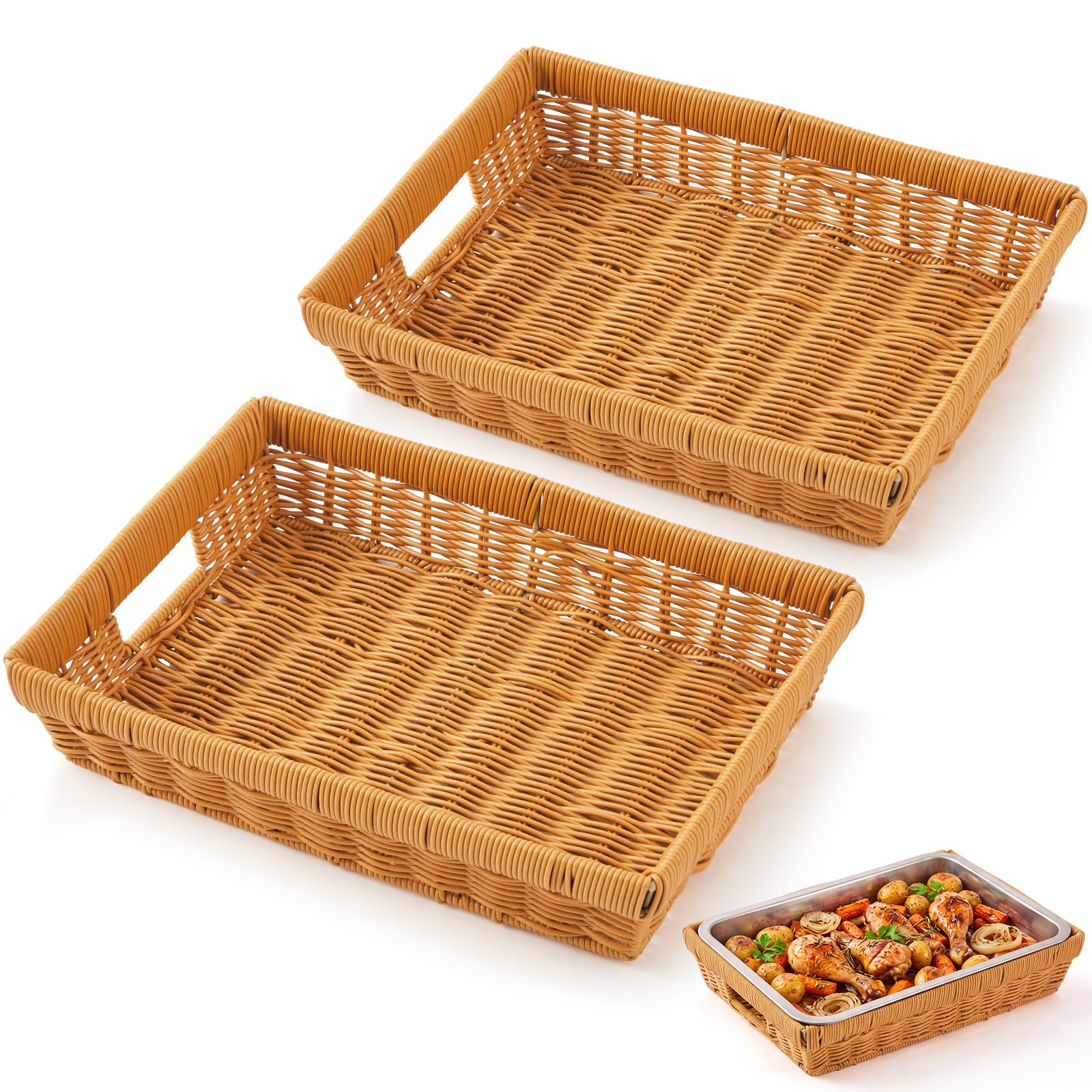 Marsui 2 Pcs Wicker Serving Baskets for 9x13 Inch Foil Pan, Artificial Rattan, Decorative Serving Tray for Hot Dishes, Casserole