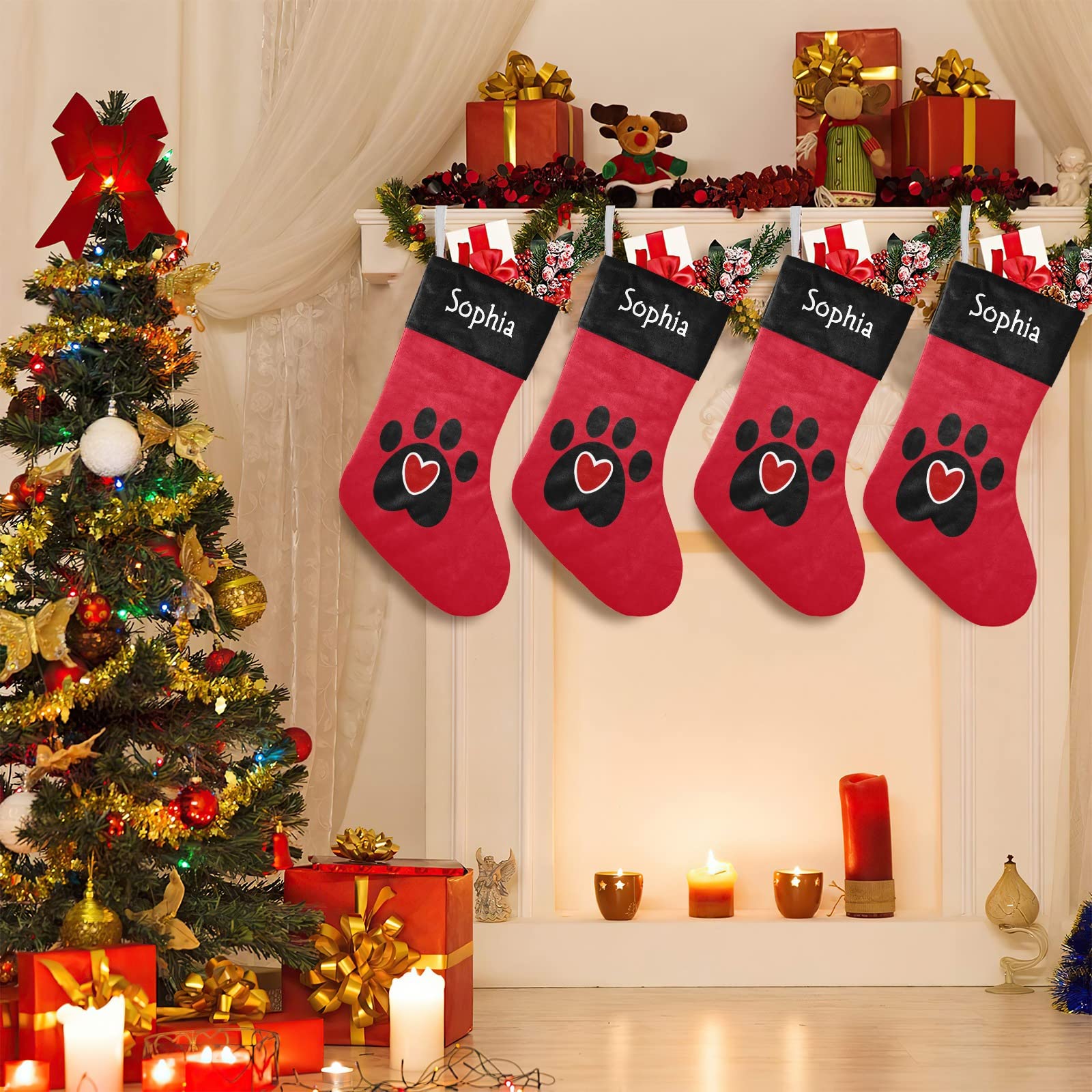SunFancyCustom Paw Print Red Heart Christmas Stocking with Name Custom Xmas Stockings for Family Wedding Party Decor 17.52 x 7.8