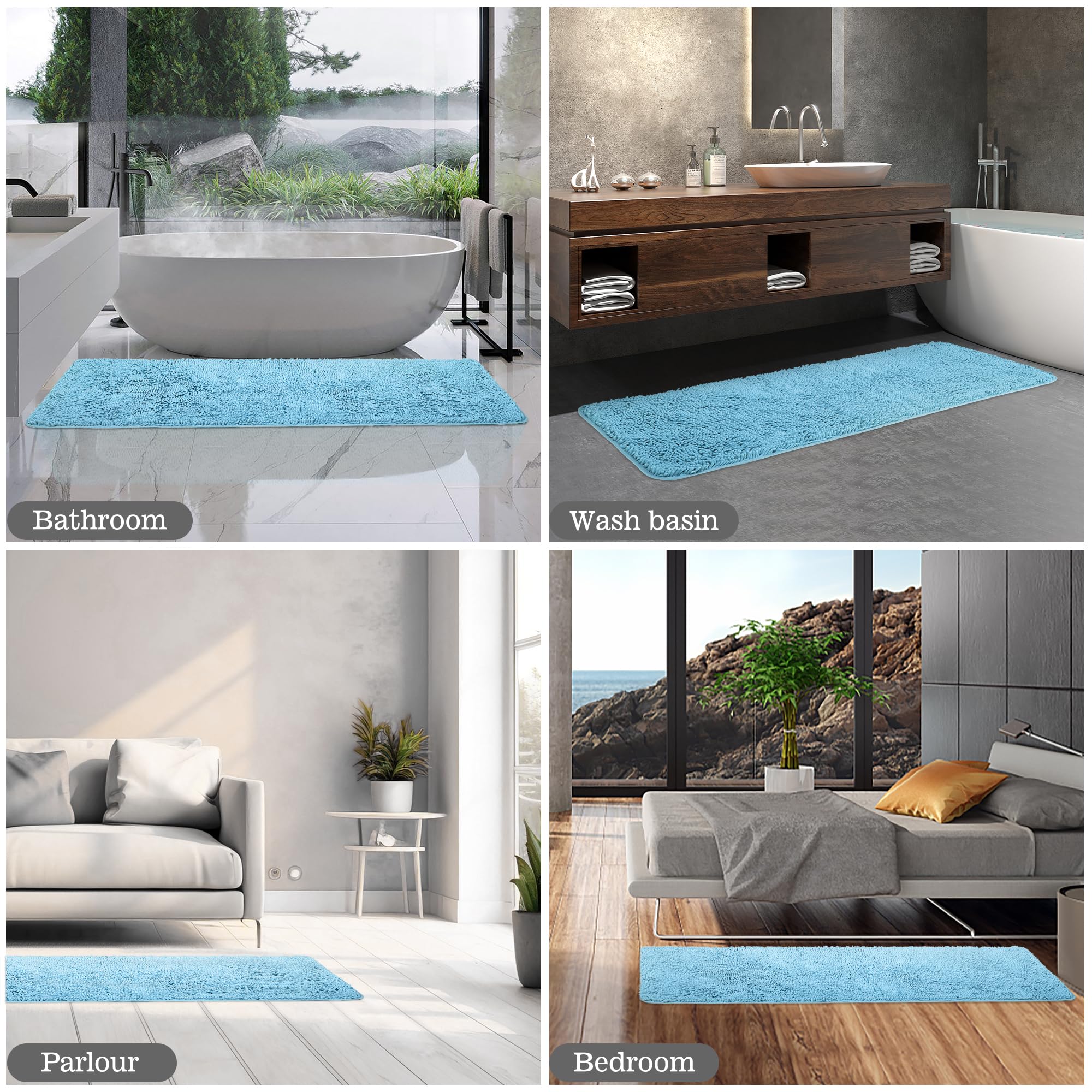 Yeaban Sky Blue 47 X 17 Bathroom Rug - Thick Chenille Bath Mats | Absorbent And Washable Bath Rug Non-Slip, Plush Rugs For Bathr