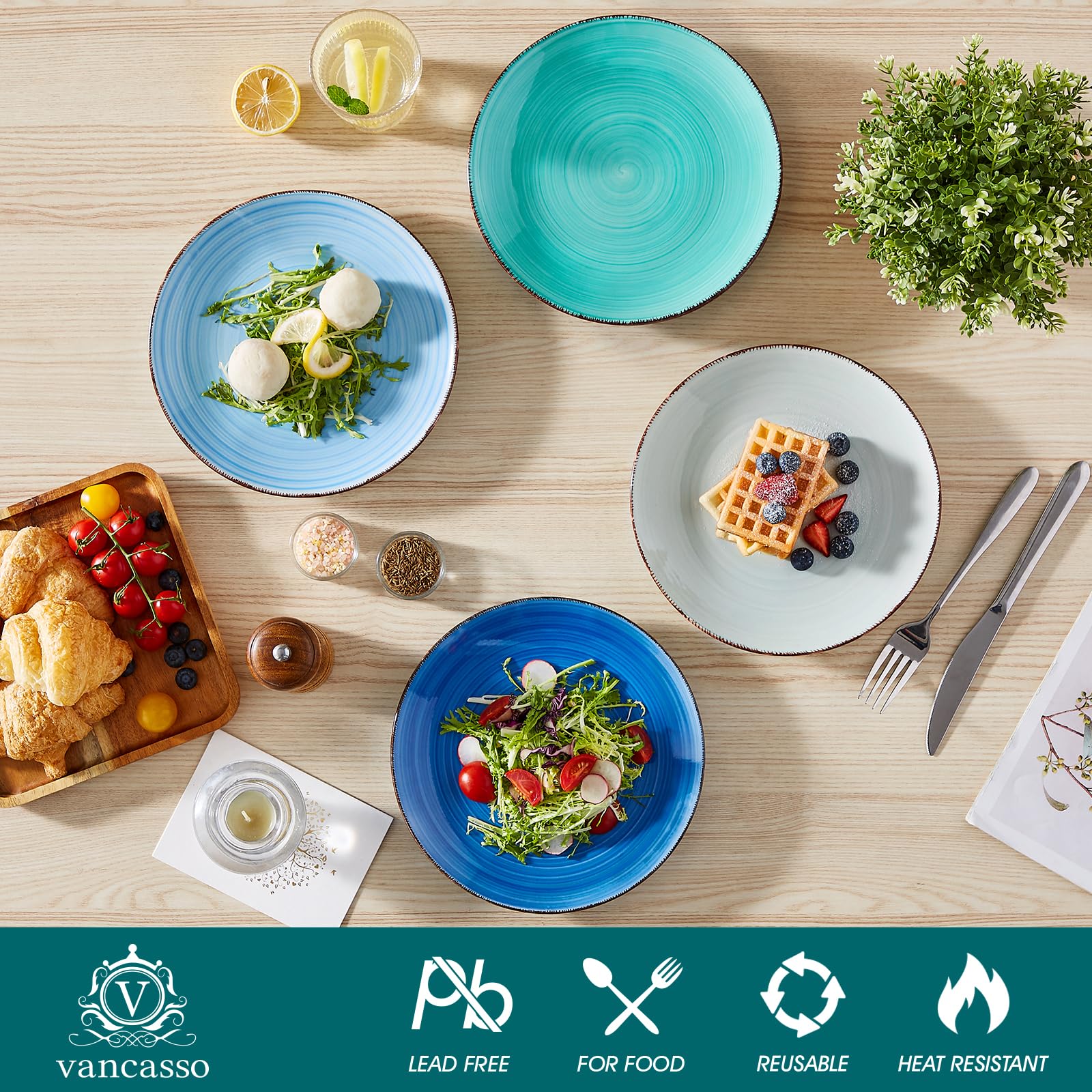 vancasso Bonita 8.5" Ceramic Salad Plates Set of 6, Cool Color, Microwave & Dishwasher Safe, Model SP-BONITA-BZP-EU