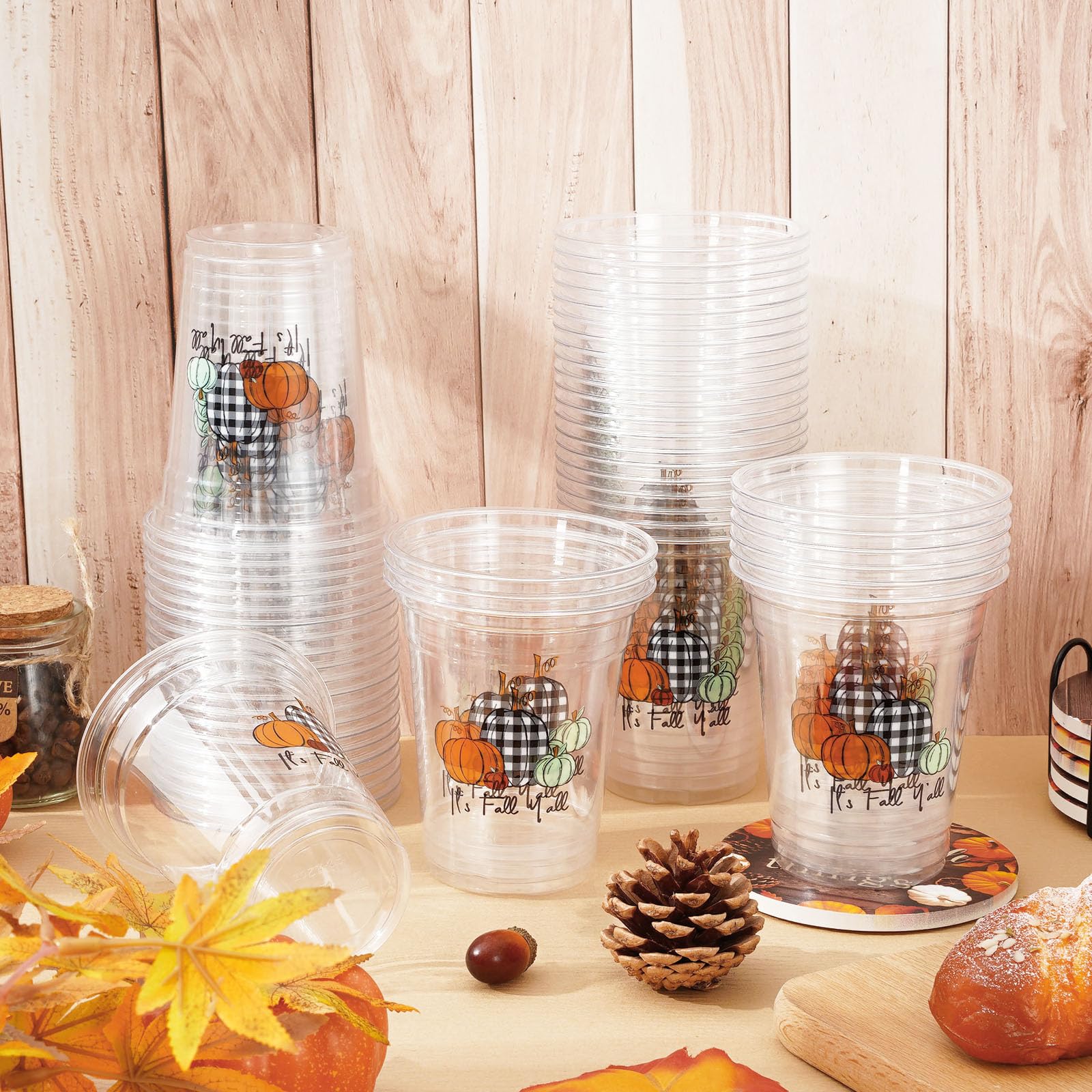 Whaline 50 Pieces 12 oz Fall Disposable Cups Black White Plaid Pumpkin Plastic Party Cups Happy Fall Clear Plastic Glasses for A