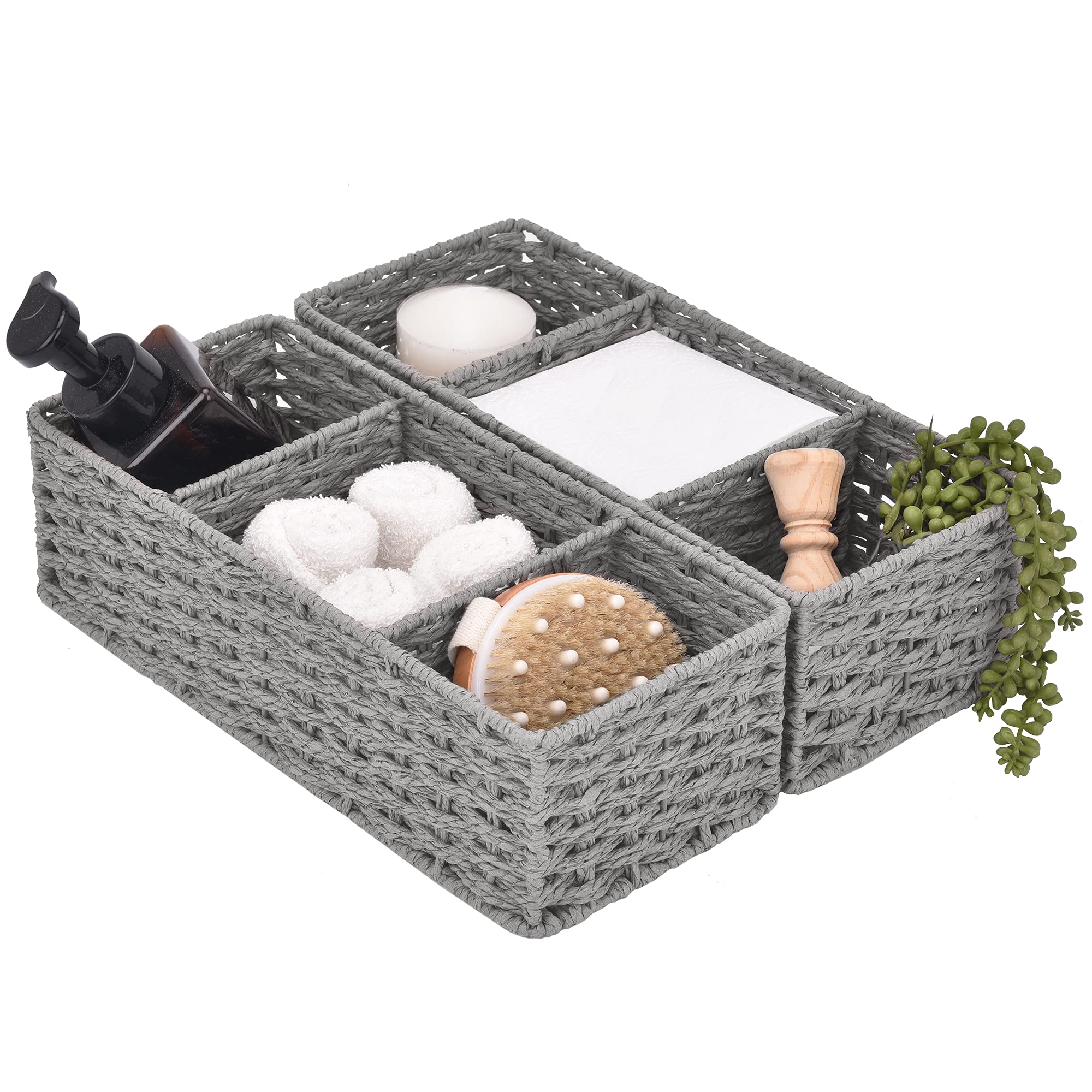 StorageWorks 3-Section Wicker Baskets for Shelves  Hand-Woven Round Paper Rope Storage Baskets  Gray  2-Pack
