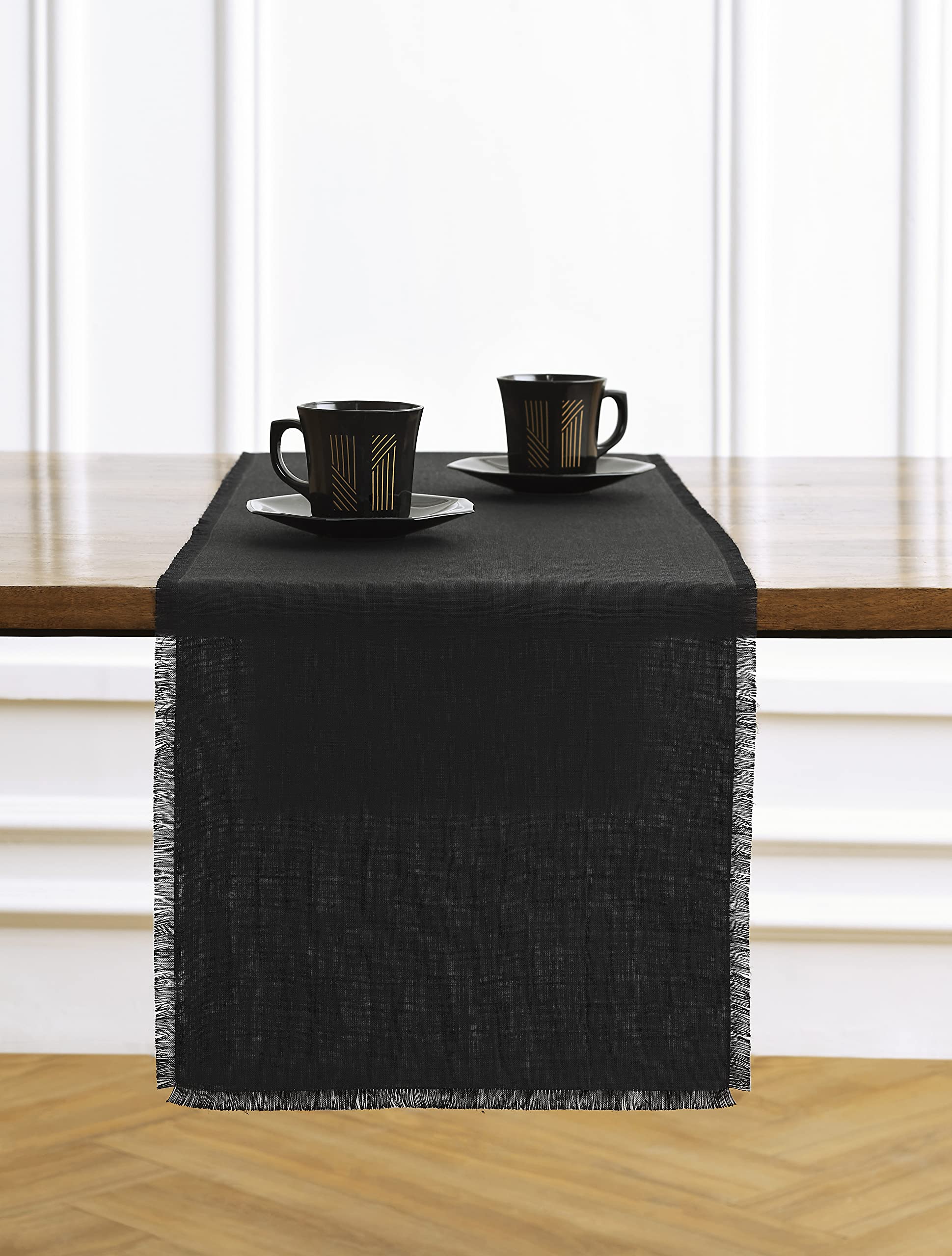 Solino Home Linen Table Runner - Black 14 X 90 Inch - 100% Pure Linen Fringe Table Runner For Spring, Summer, Dining, Wedding -