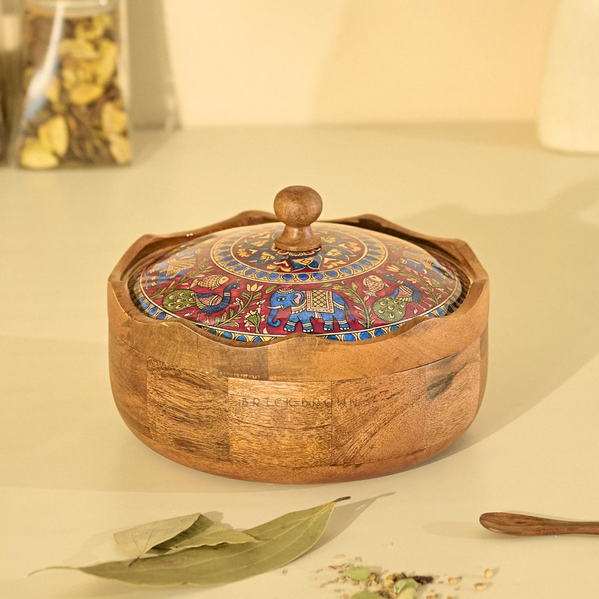 Brick Brown Mithila Wooden Masala Box With Lid | Spice Box Organizer Storage Box | Spice Jars | FlowerShaped Masala Dani With 7