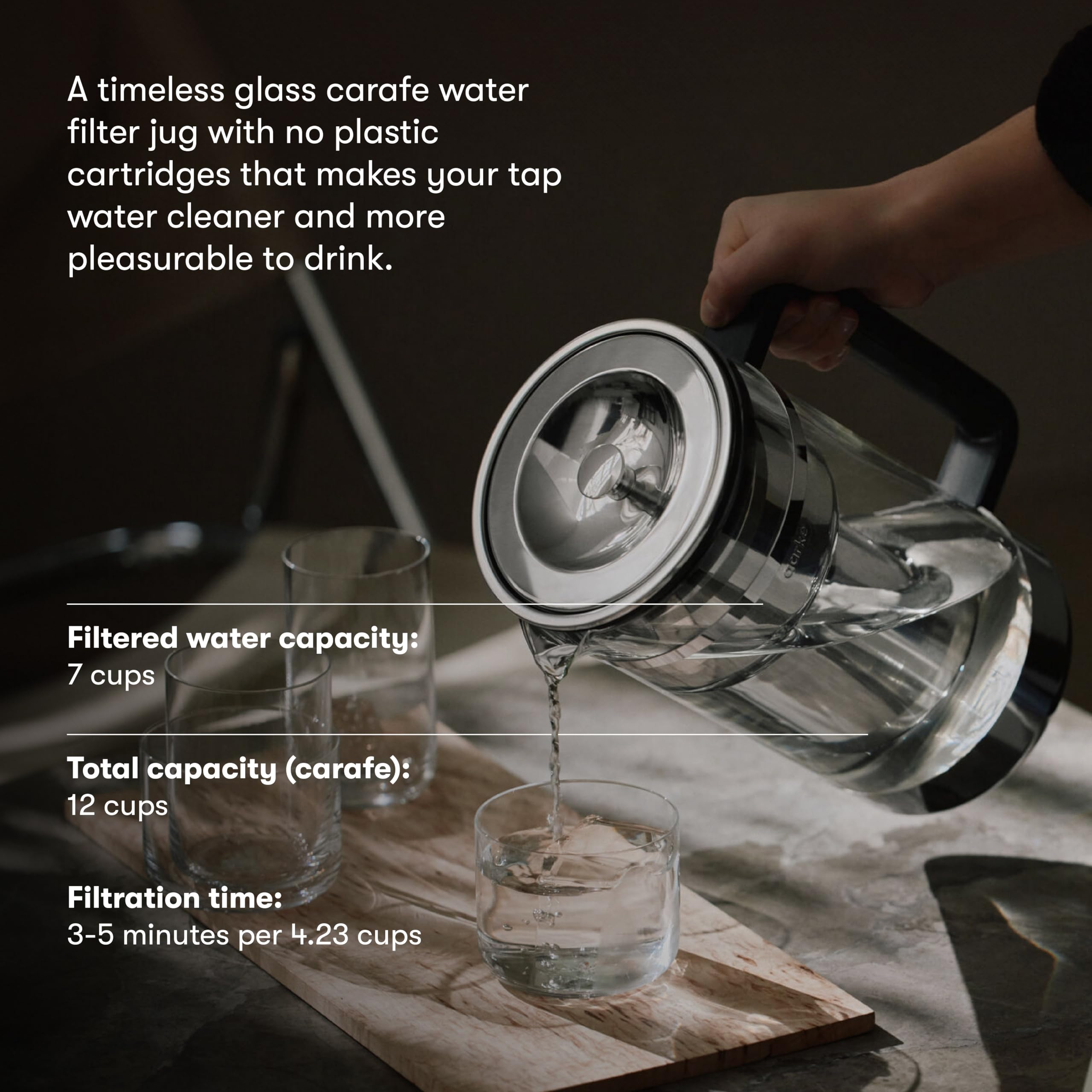 Aarke Purifier Glass Water Pitcher, Refilable Stainless Steel Filter, 8-Weeks Performance, Bpa-Free, Dishwasher Safe, Pure & Enr