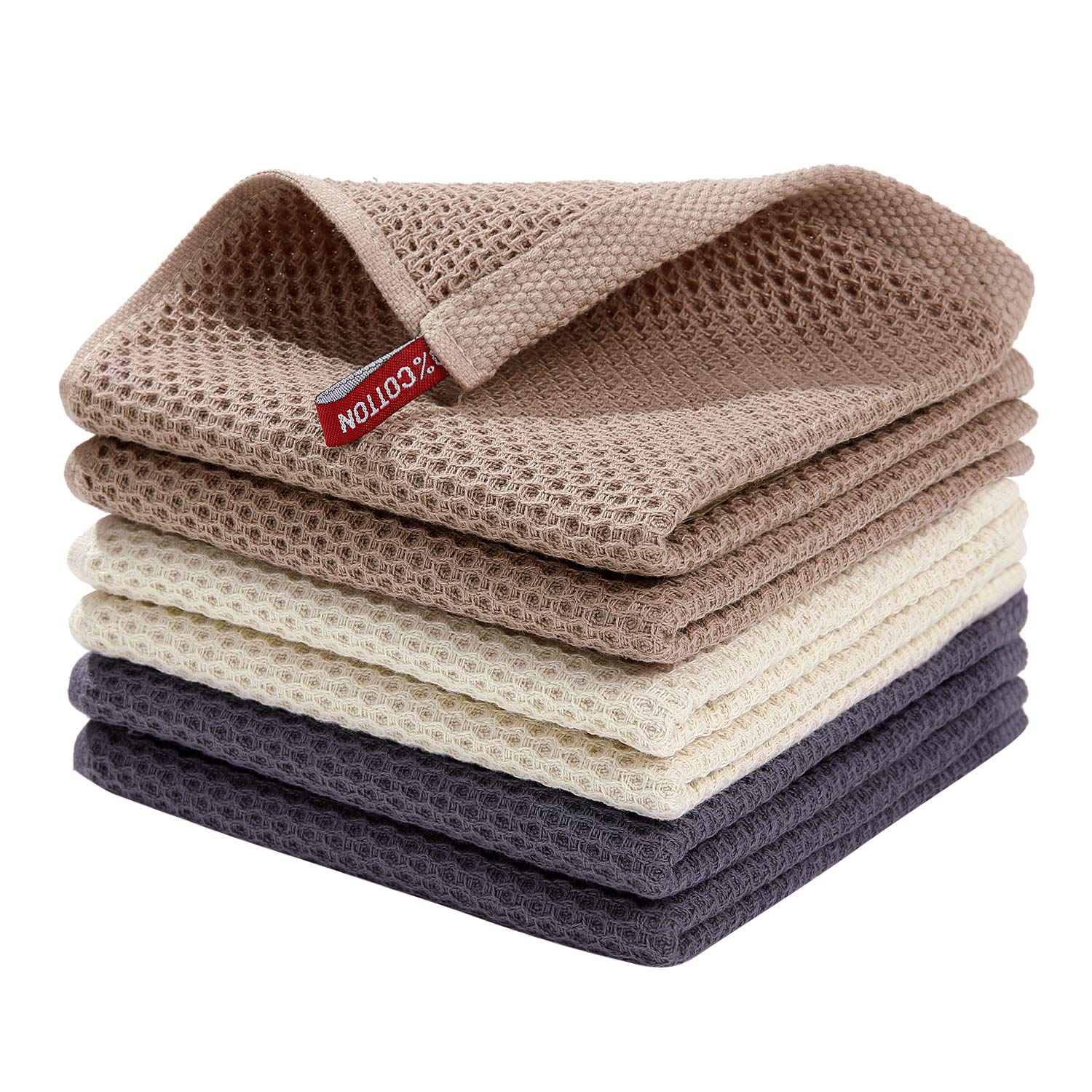 Homaxy 100% Cotton Waffle Weave Kitchen Dish Cloths, Ultra Soft Absorbent Quick Drying Dish Towels, 12X12 Inches, 6-Pack, Mixed