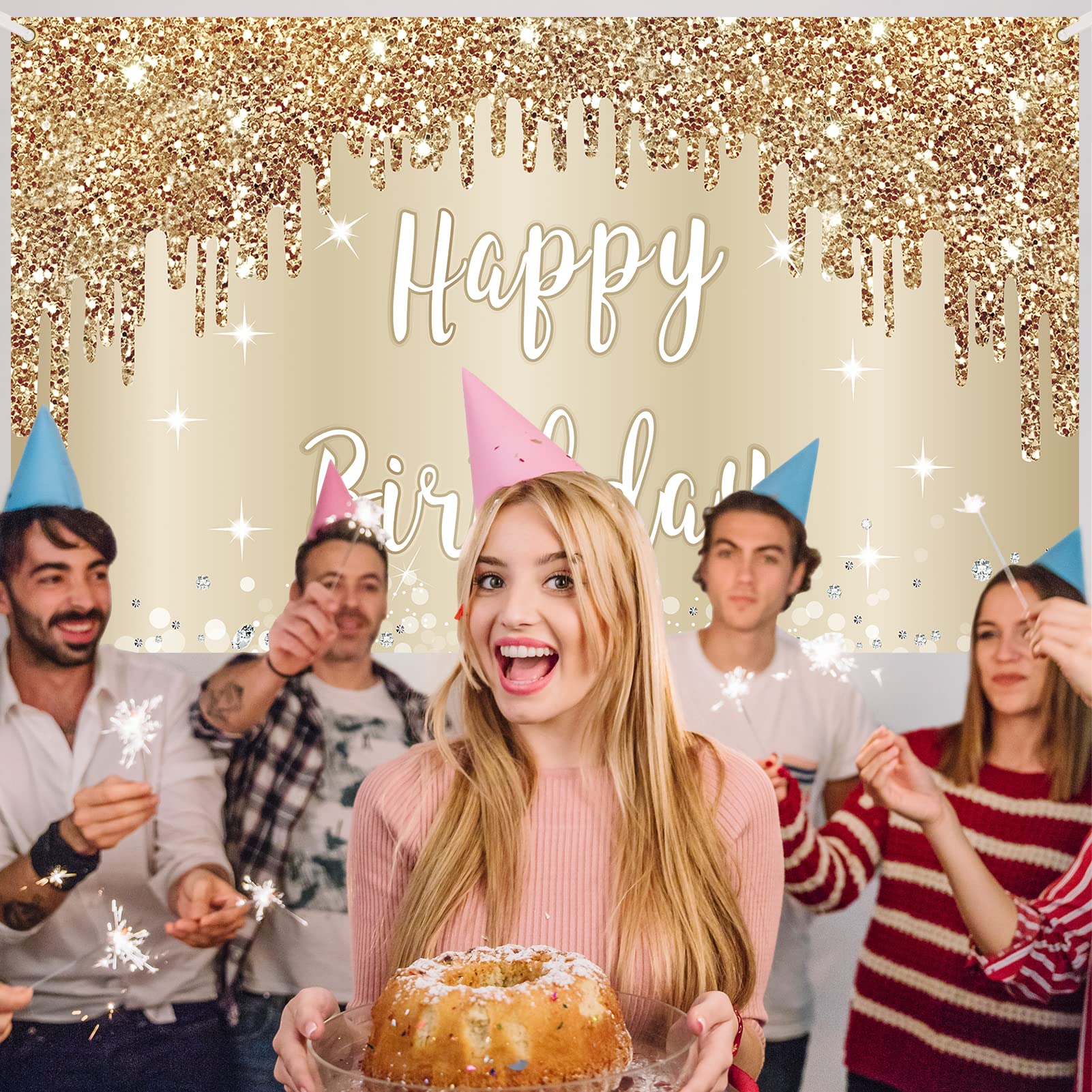 Gold White Happy Birthday Banner Decorations For Women Girls, Gold Glitter Happy Birthday Backdrop Party Supplies, 16Th 18Th 21S