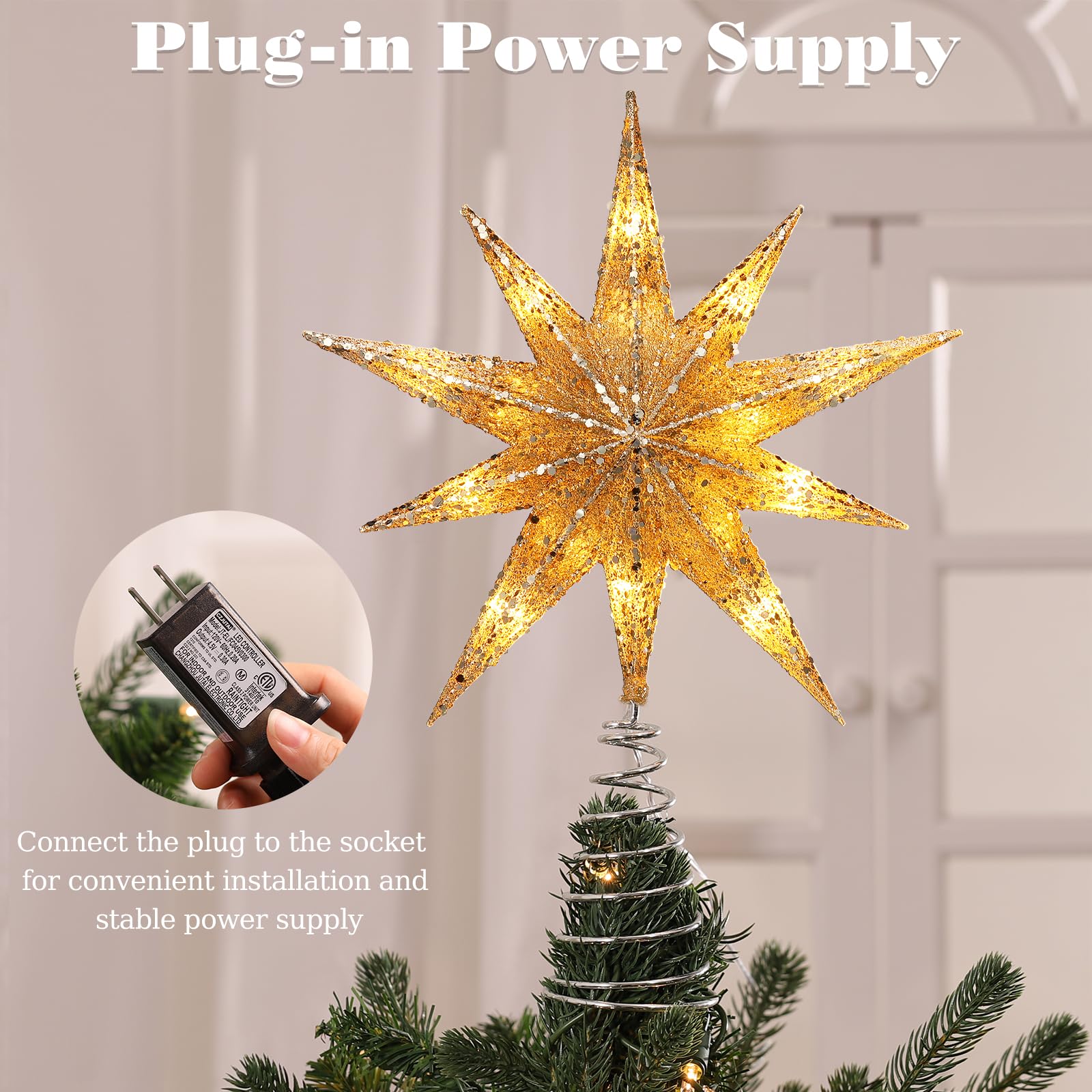 Lewondr Christmas Tree Topper Star, 13inch Xmas Tree Topper with LED Light Beads, Remote & USB Operated 10-Point Star Treetop fo