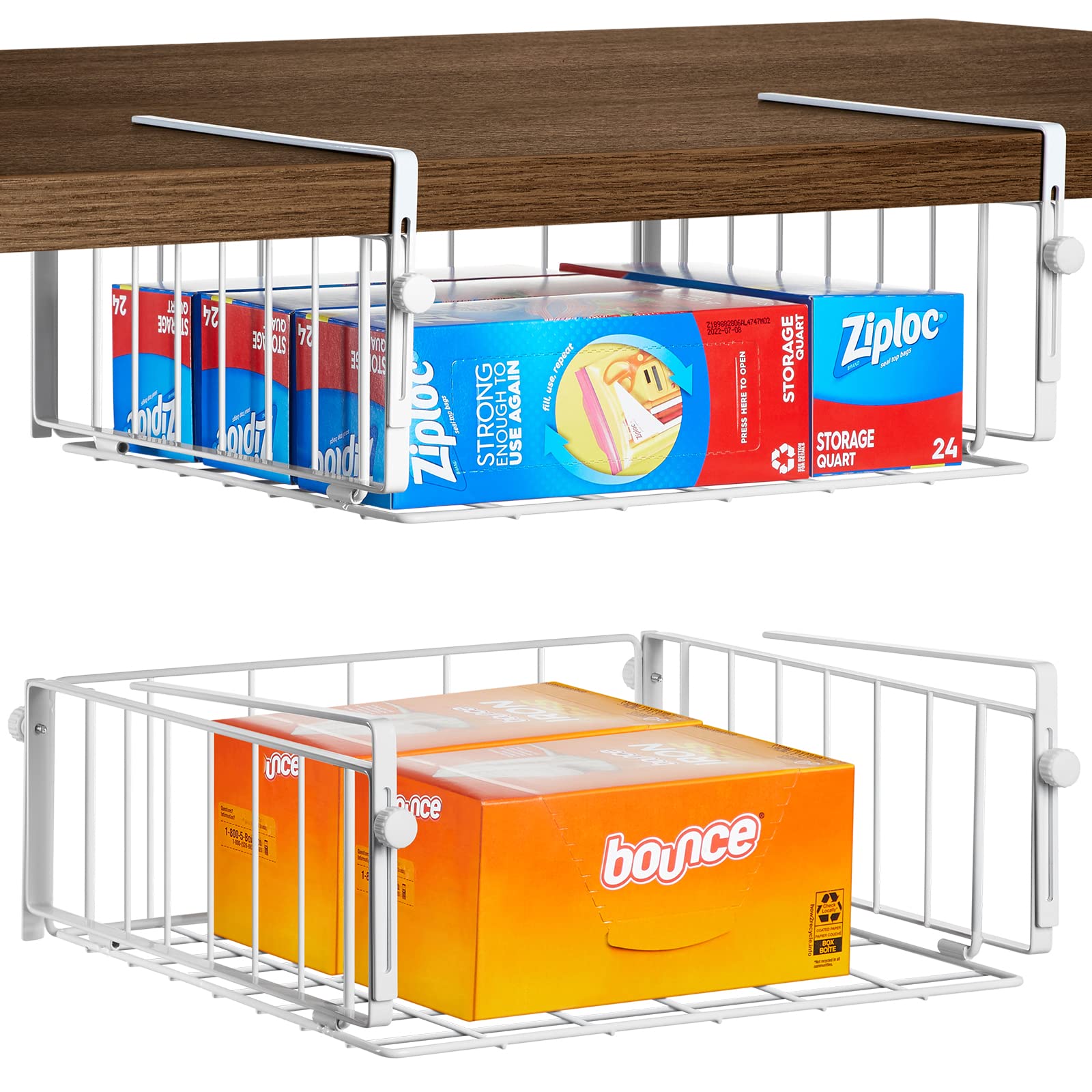 Amonhouseware 2 Pack Hanging Under Shelf Storage Basket,Adjustable Under Cabinet Add-On Storage Racks Slide-In Baskets Organizer