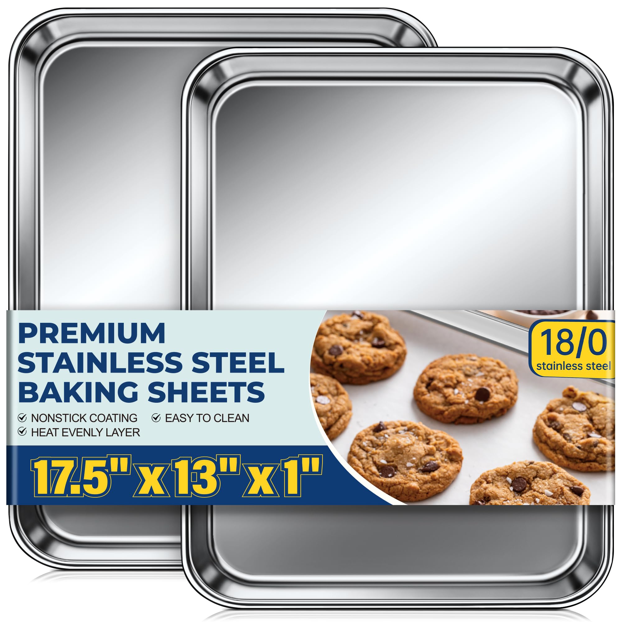 Baking Sheet Pan Set of 2, Stainless Steel Cookie Sheets for Baking, 18 x 13 Inch Large Baking Tray for Oven, Warp Resistant Non