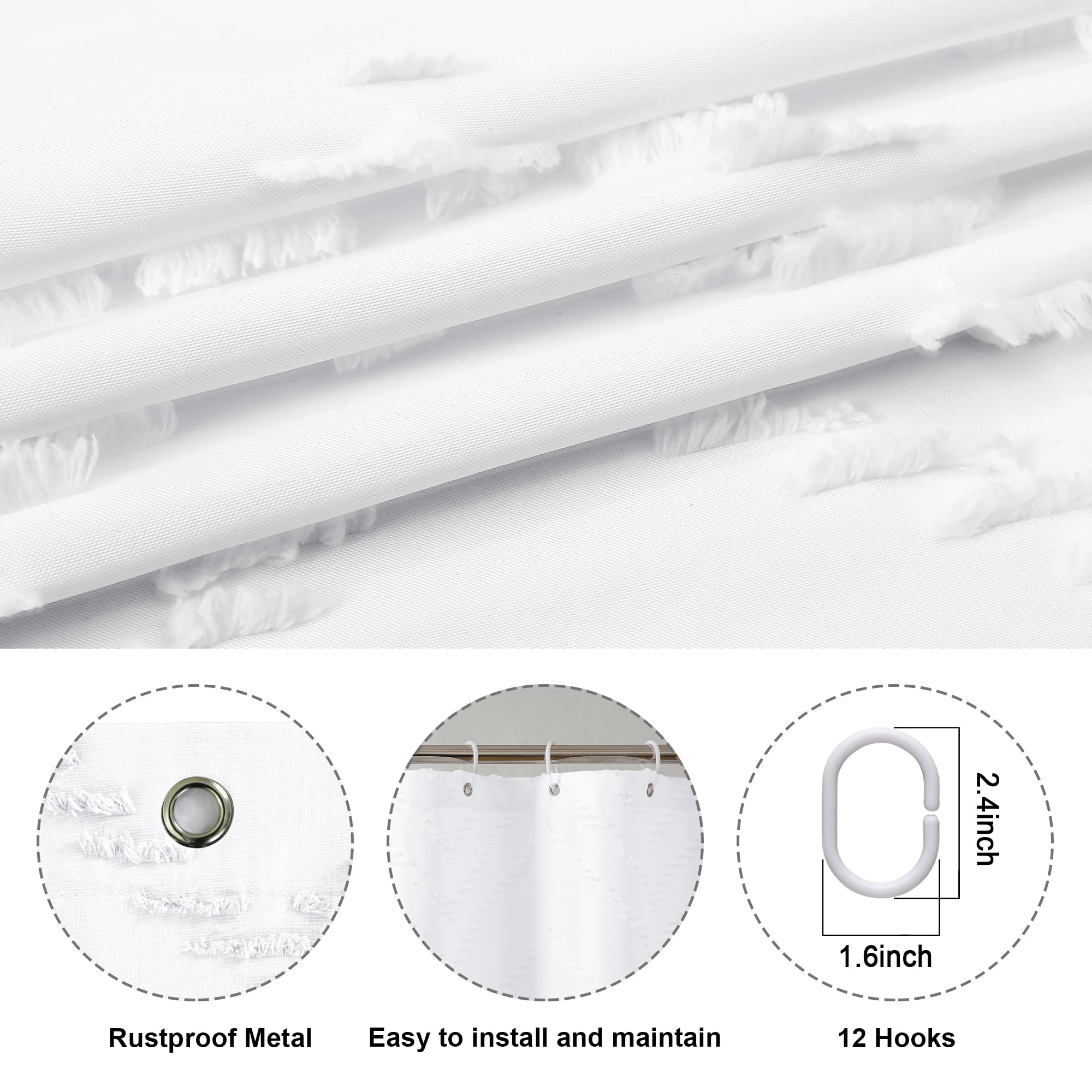 Chyhomenyc Chevron White Boho Shower Curtain Set 72X72 Inches With 12 Hooks, Fabric Shower Curtain Modern Chic Textured Tufted C